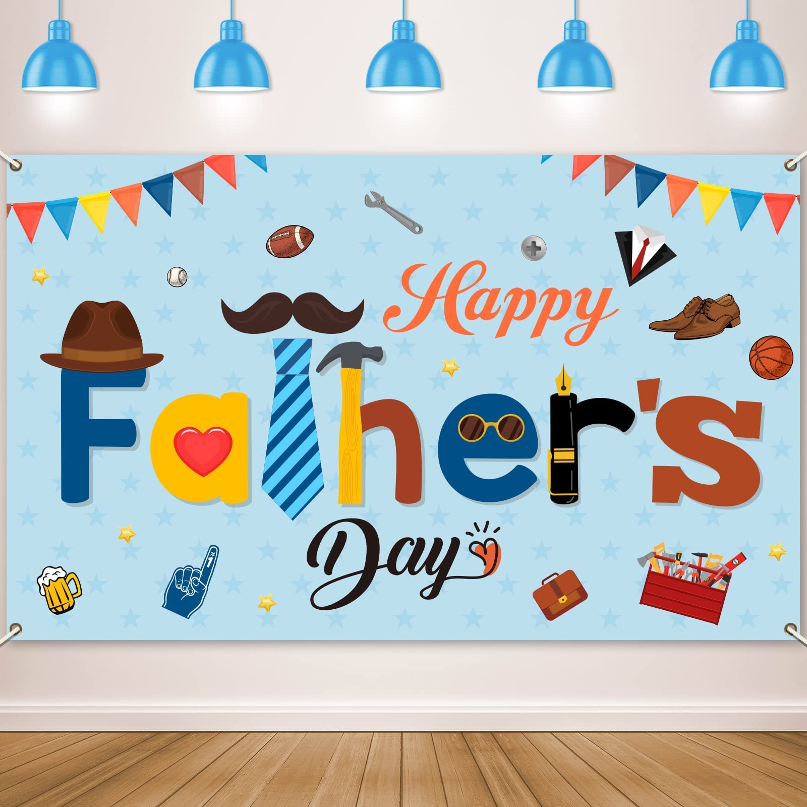 Happy Father's Day Backdrop Decorations Large Blue Dad Grandpa Party Banner Sign Supplies Fathers Day Photo Booth Background Photography Props for