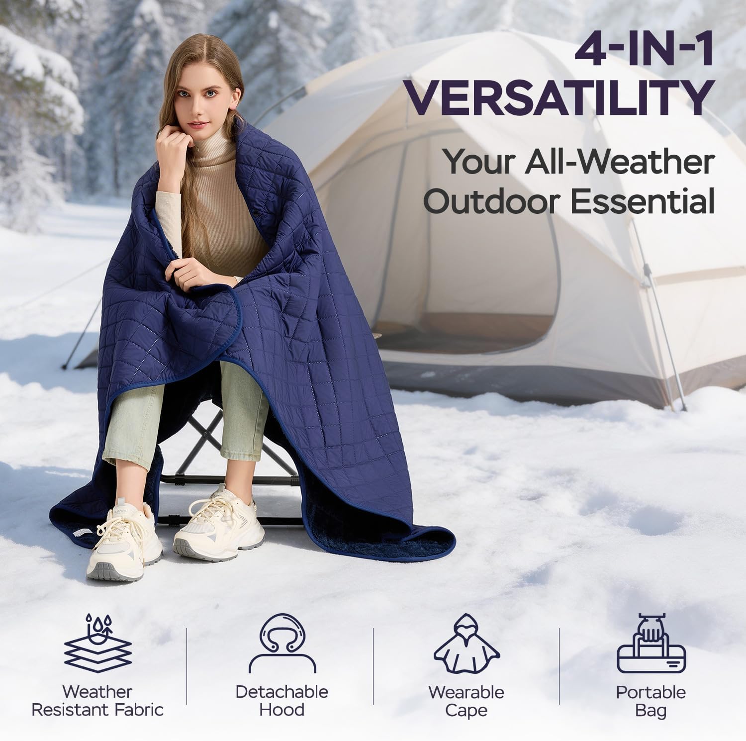 Waterproof Camping Blanket - Cozy Coral Fleece Lining, Triple Layers Warm Comfy Foldable for Camping Stadium, Beach, Picnic, Grass, Concerts, Car, Dog, 51''X 70'' Navy Blue
