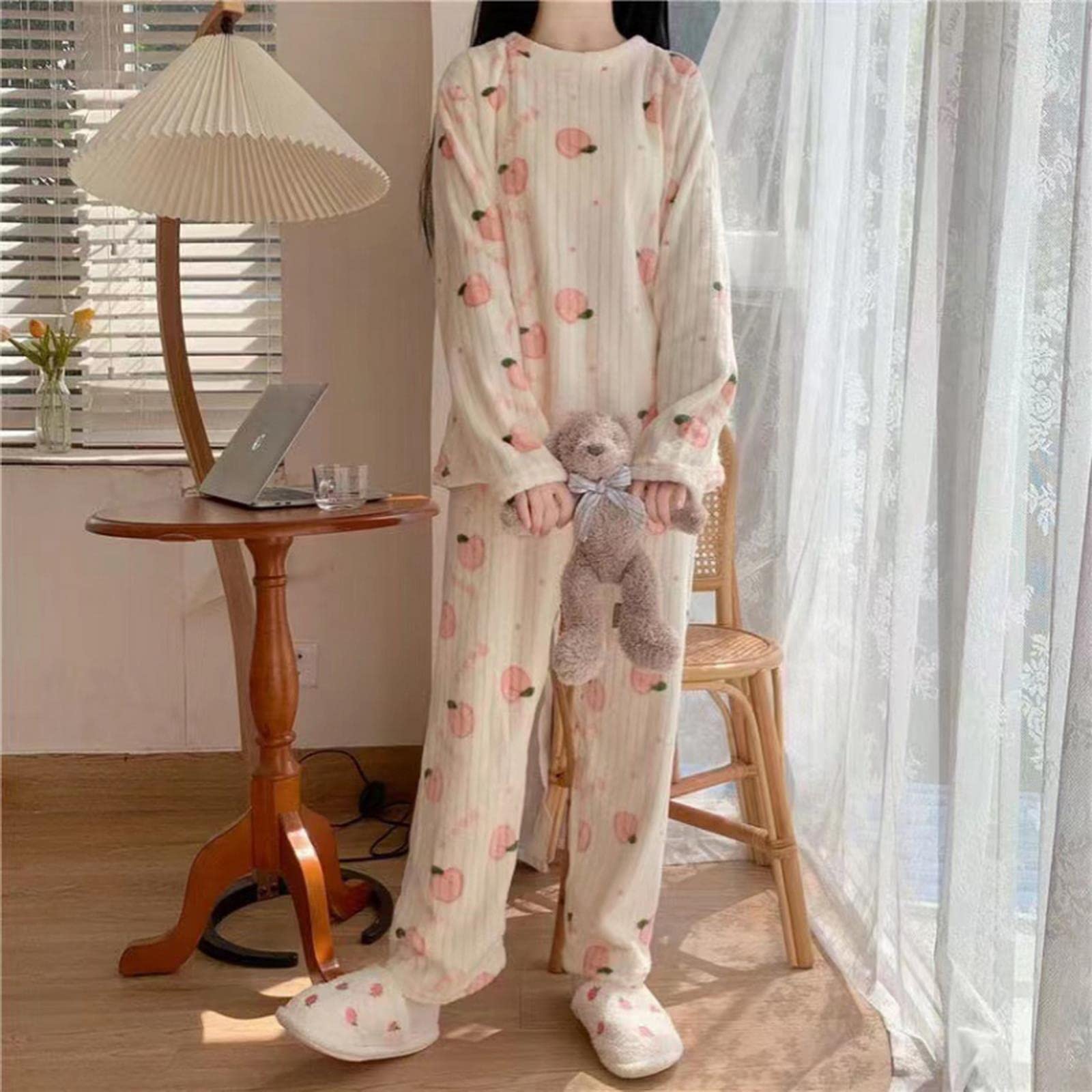 MOGSA Pijama para mujer, conjunto de pijama cálido para otoño e invierno, estampado de melocotón, ropa de dormir suave para mujer, conjunto de 2 piezas
