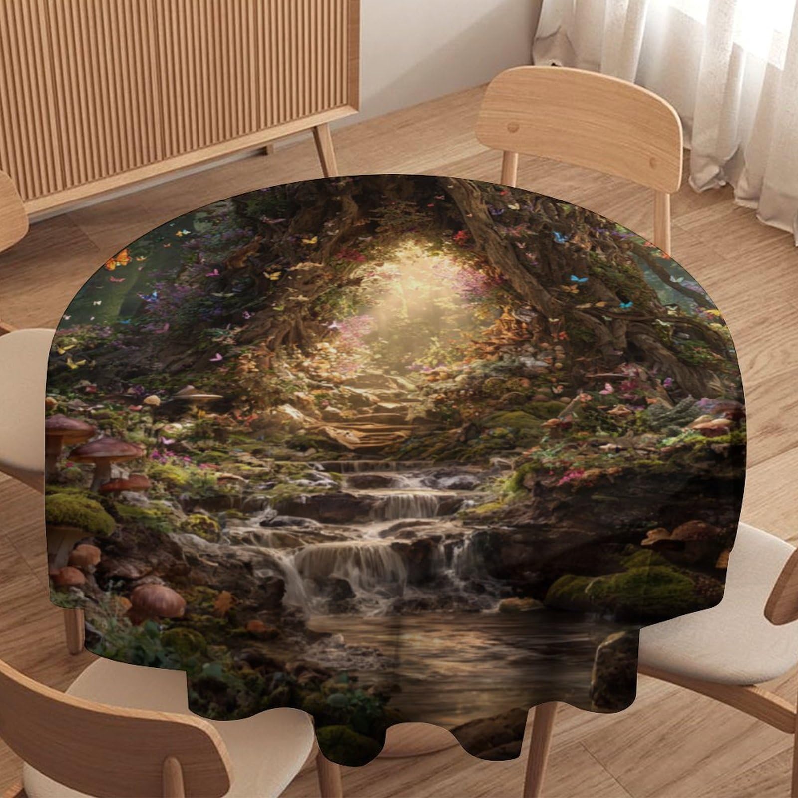 LUYYSKY Modern Romantic Enchanted Forest Round Tablecloth Funny Watercolor Fairytale Wonderland Animals Butterflies Washable Decor for Table Cover for Kitchen-91.4" Wx91.4 L cm