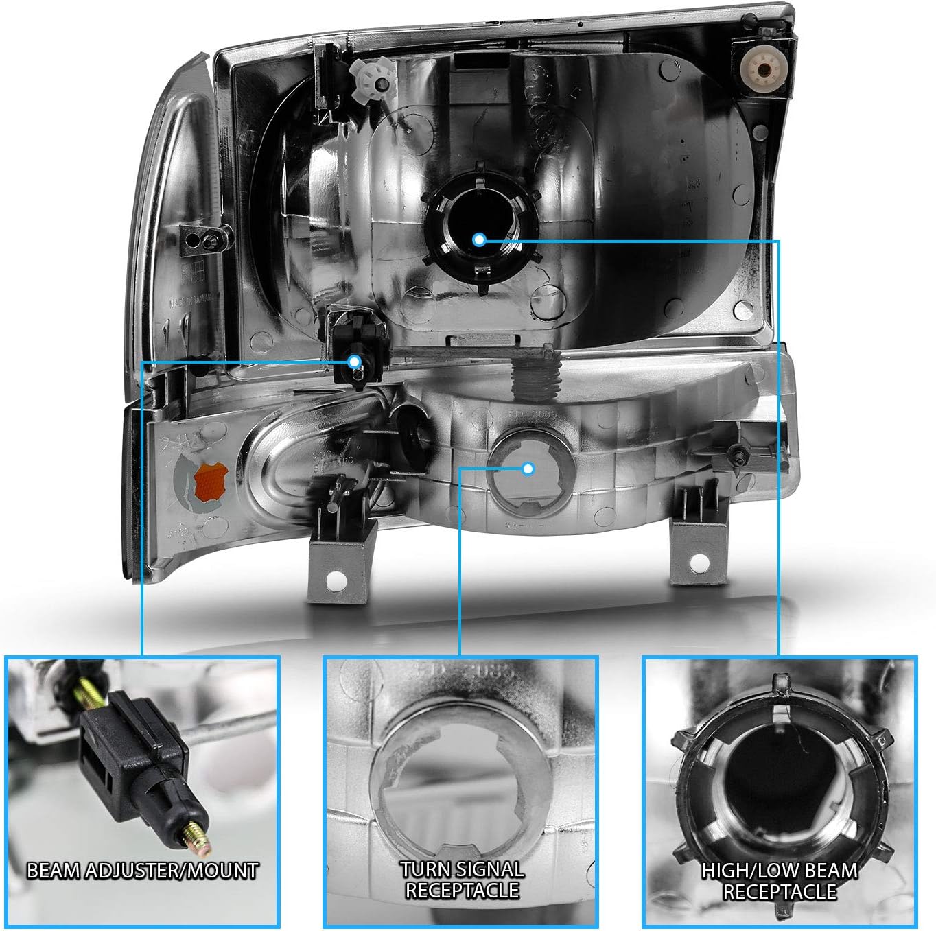 AmeriLite for 1999-2004 Ford Super Duty F250 F350 F450 F550 | Excursion Chrome Factory Style Replacement Headlights w/Corner Bumper Corner Set - Passenger and Driver Side