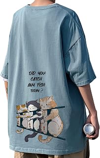 [Bligo] Tシャツ メンズ 半袖 夏服 バック プリント ネコ 柄 かわいい 绵 L-5XL 大きいサイズ ゆったり ビックシルエット カジュアル 通気性 柔らかい 快適おもしろ ストリート 人気