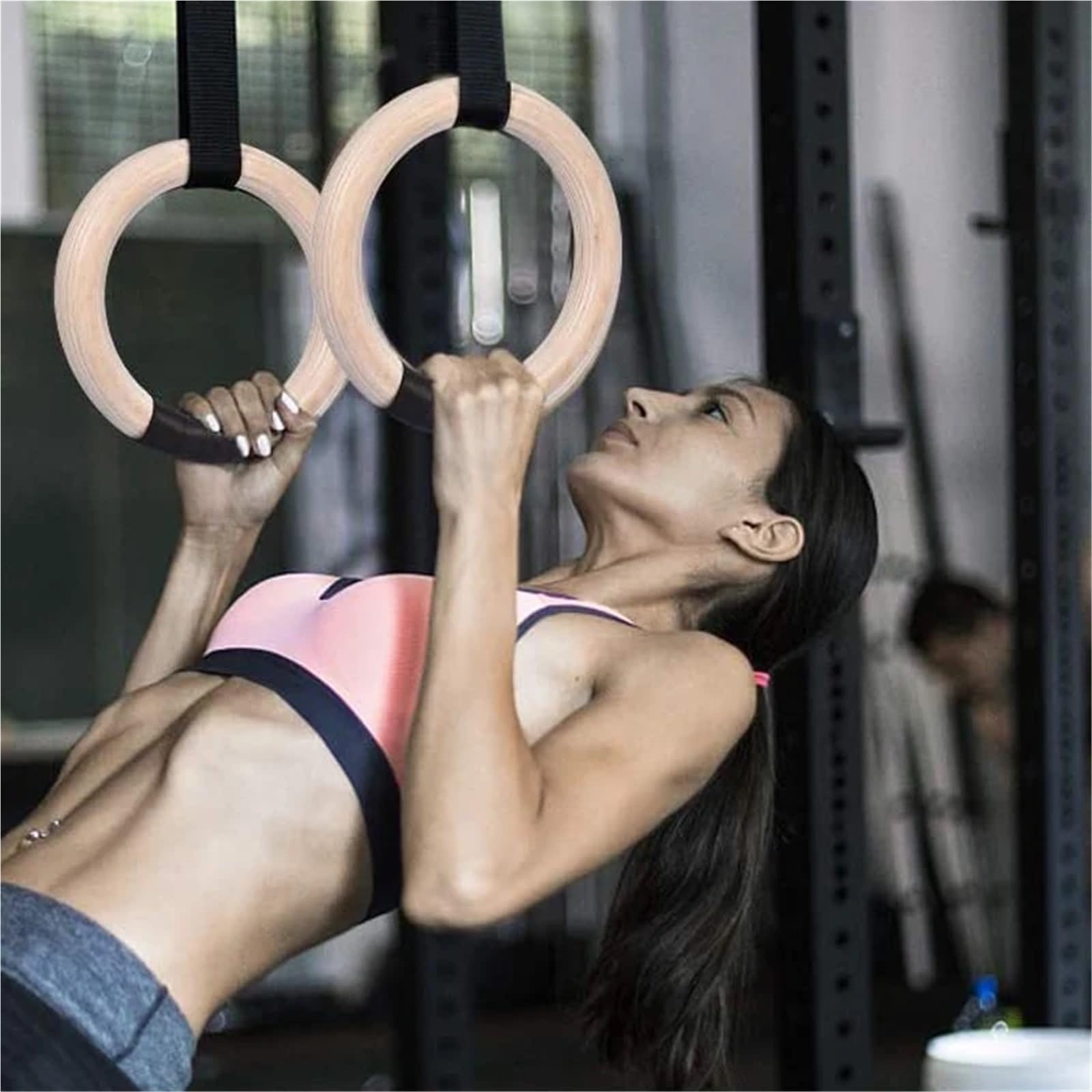 Anelli da Ginnastica in Legno con Cinghie Regolabili, Attrezzatura for Palestra Domestica, trazioni, Allenamento della Forza