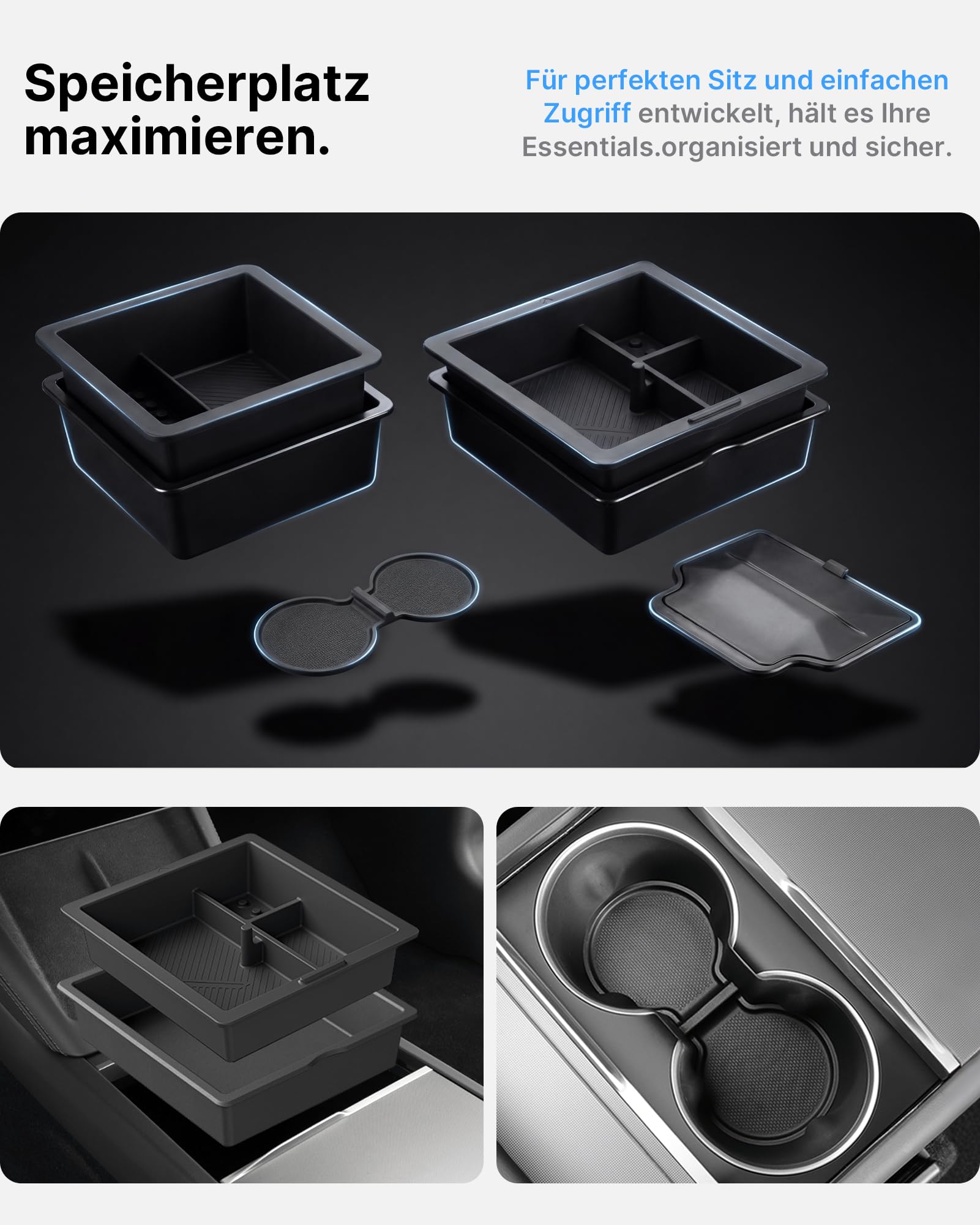 4-Teiliges Mittelkonsole Organizer für Tesla Model 3 Highland 2024-2026 & Model Y Juniper 2025-2026 (nur Premium & Performance), Aufbewahrungsbox Armlehnenablage Zubehör