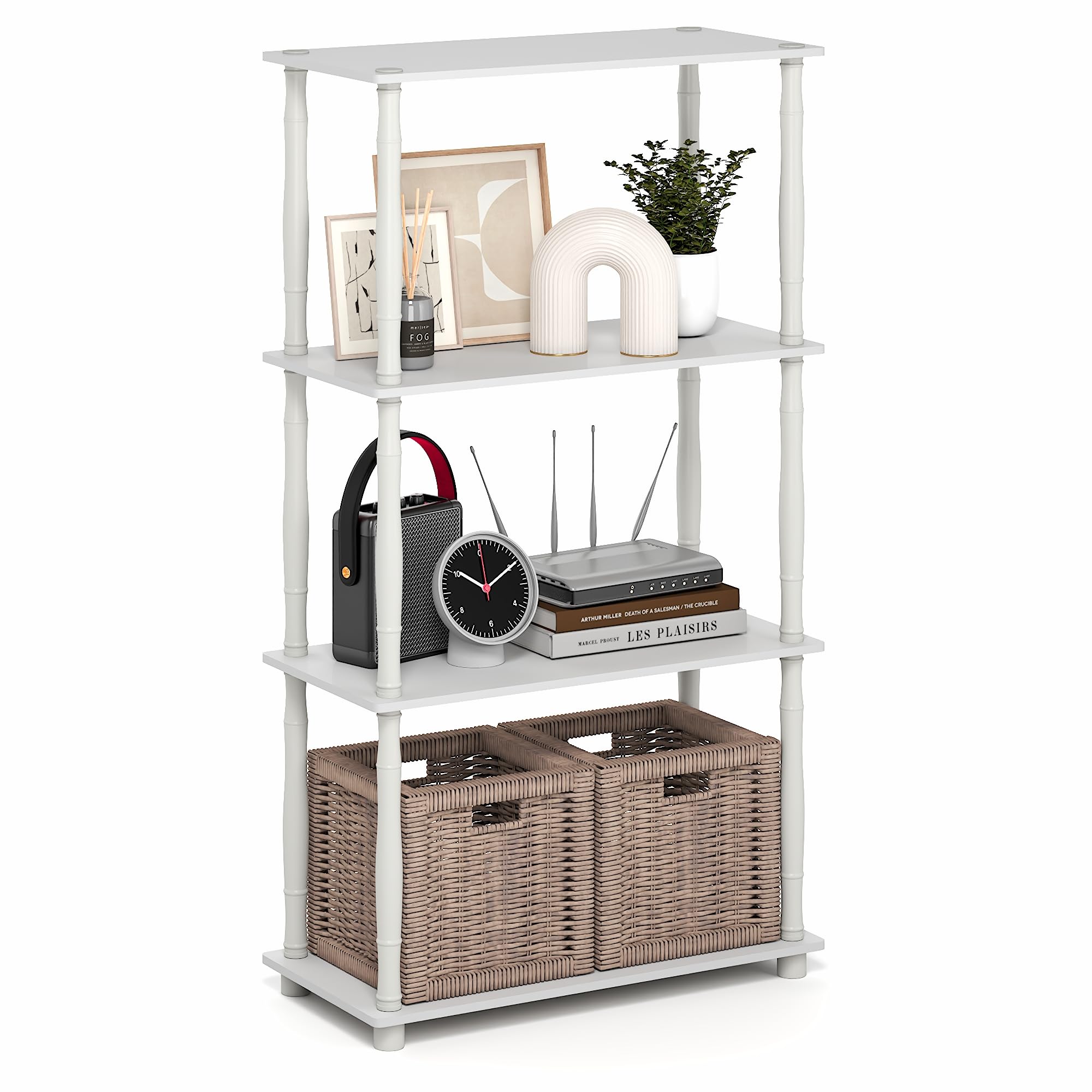 Furinno Turn-N-Tube Storage Shelves, 4-Tier Open Frame Book Shelf, Standing Corner Shelf, Toolless Open Shelves, Classic Tubes, for Organization and Storage, Living Room, Home Office, White
