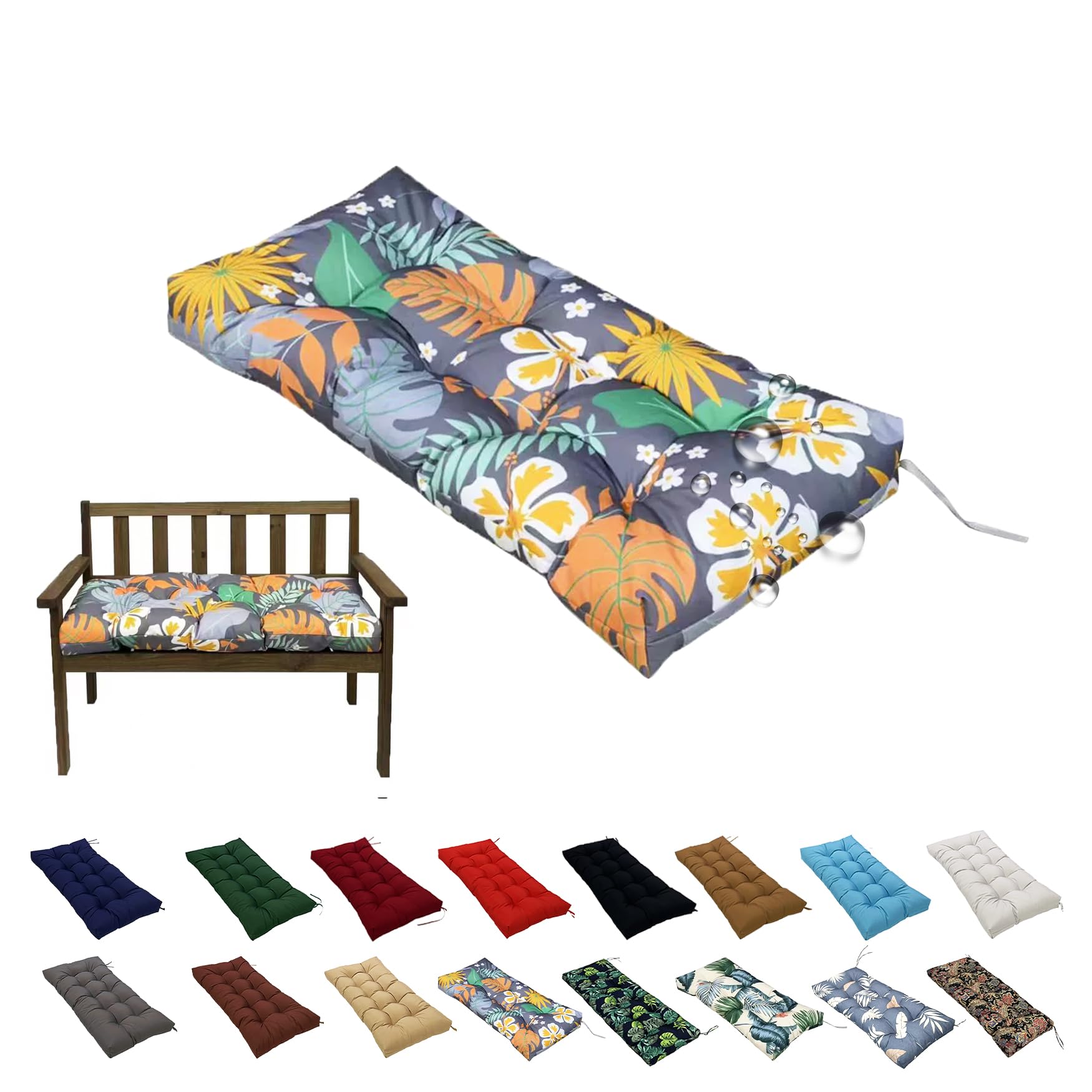 Coussin de banc de jardin 130x50 cm gris à motif feuilles pour banquette terrasse