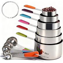 Bopei Measuring Cups and Spoons Set Stainless Steel 11 Piece for Cooking and Baking 6 Cups + 5 Spoons, Colorful Handles