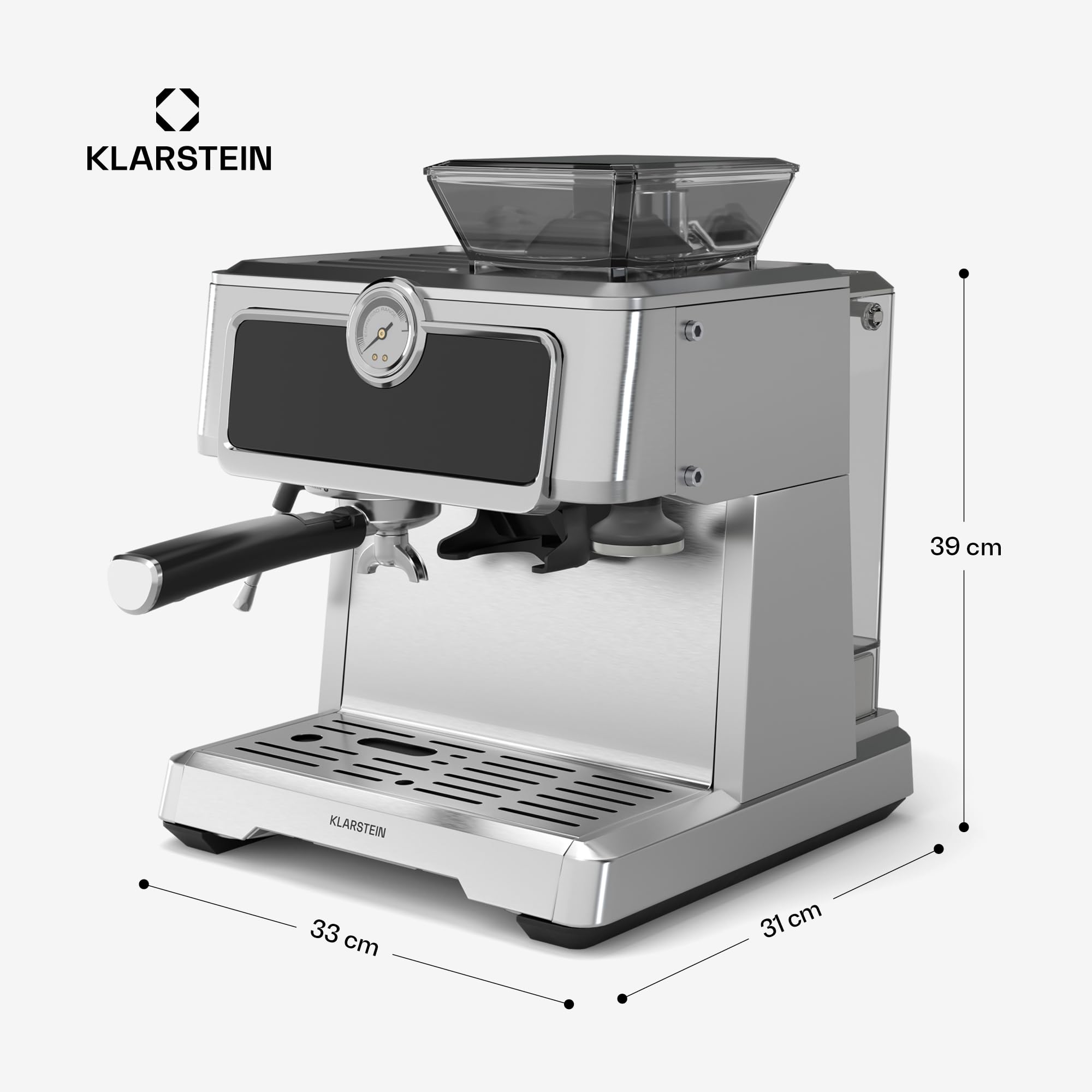 Klarstein GrandPresso Touch - Macchina da Caffè Espresso, 20 Bar, Macinino Integrato, Display Touch, Serbatoio da 2,3L, Acciaio Inox, Funzione Vapore, Senza Capsule, Personalizzazione delle Bevande