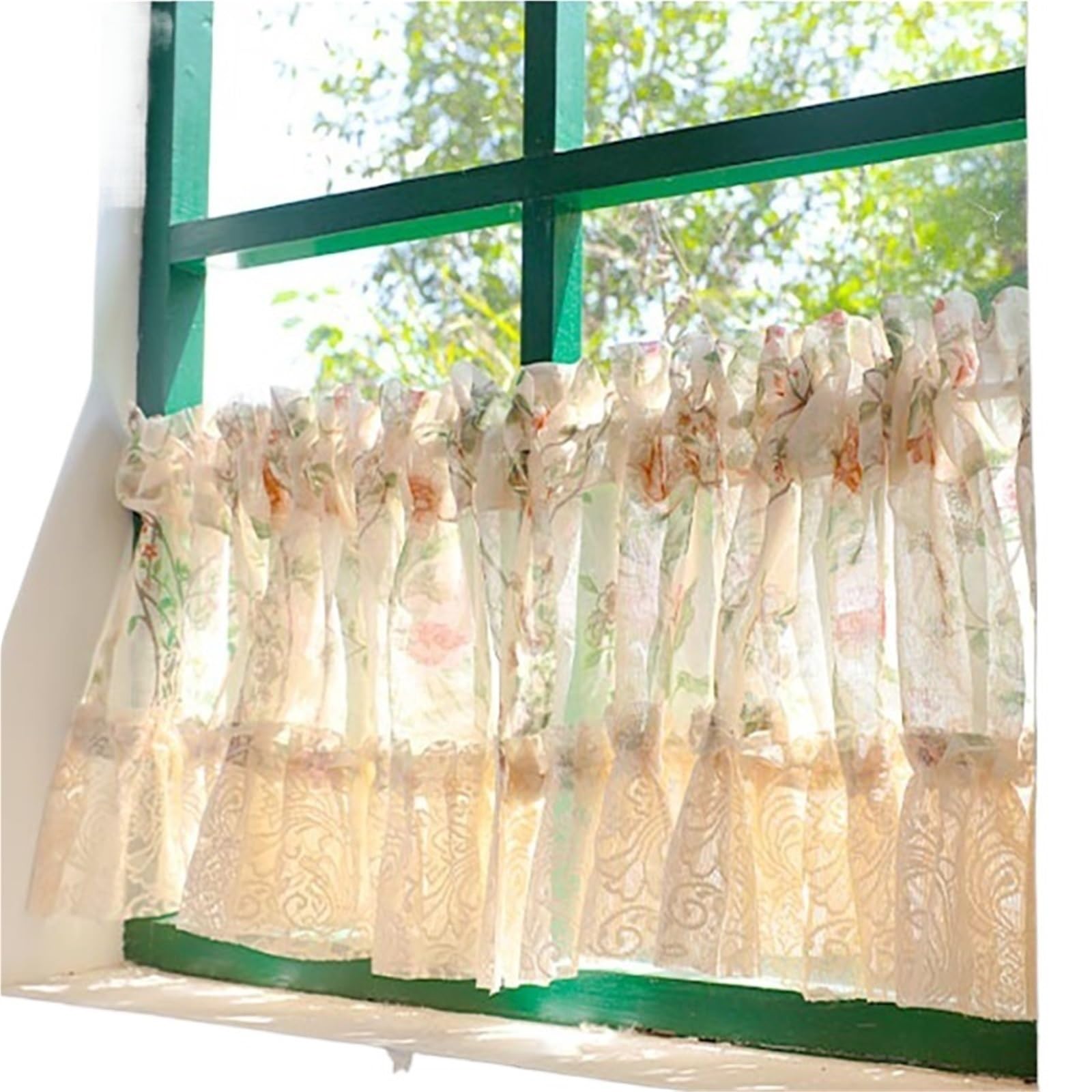 Demi-rideau de cuisine en tulle beige style champêtre pour fenêtre vintage