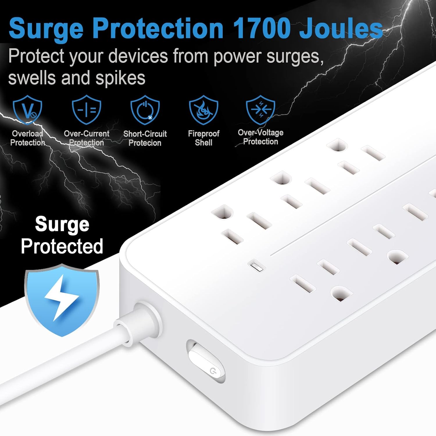 Surge Protector Power Strip, 4FT Extension Cord (2000W/10A) Flat Plug Power Strip with 8 Outlets 4 USB (1 USB C) Charging Ports, 1700 Joules Wall Mount Desk Charging Station for Home Office White