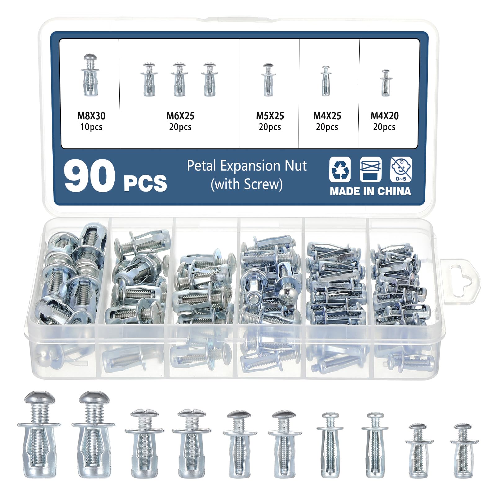 OCR 90pcs Jack Nuts Petal Nuts,M4,M5,M6,M8 Expansion Screw Petal Nut,Thins Fixings Dowels with Screws for Tin, Billboard, Cardboard, Aluminium Alloy
