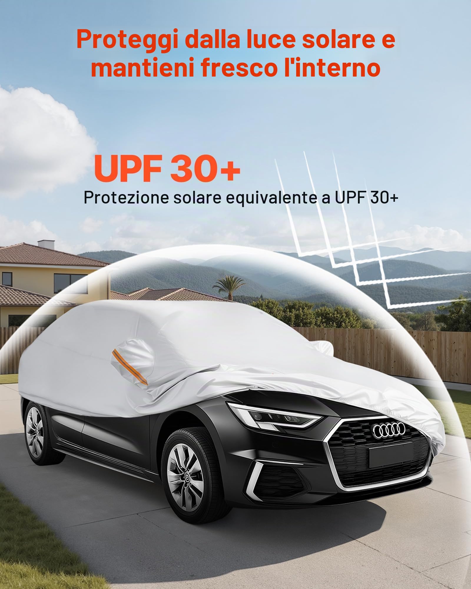 VEVOR Telo Copriauto, Telo per Auto Impermeabile per Modelli di Berline Europee di Medie Dimensioni, Protezione Completa su Misura Neve, con Cerniera Sulla Portiera e Fodera in Cotone, Argento