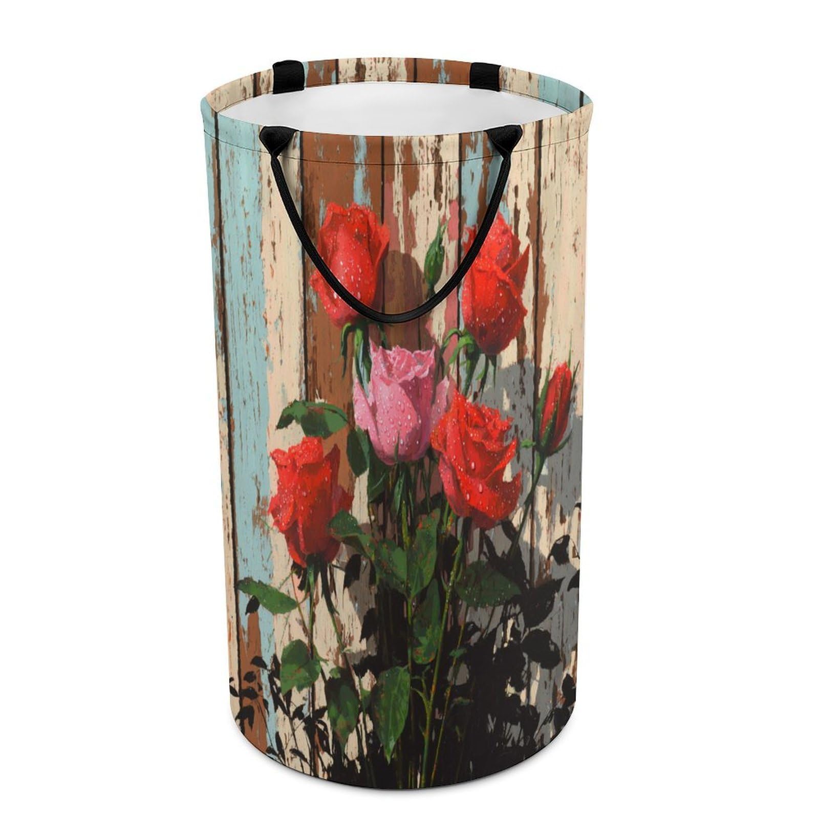 LUYYSKY Romantic Beautiful Red Roses Collapsible Dirty Clothes Basket, Fantasy Vintage Wooden Board Botanical Roses Floral Portable Clothes Storage Basket