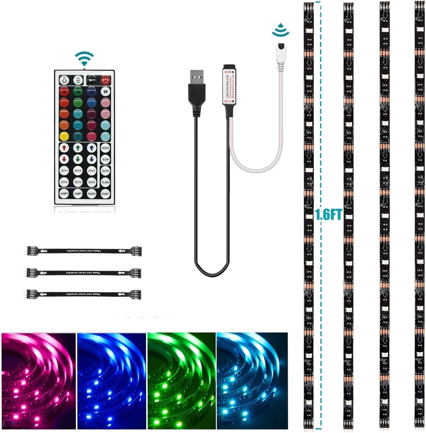 Topled Light USB LED Strip Light Kit, 4 Pre-Cut One Foot Strips & 3 Wire Mounting Clips & 44 Key Mini Remote Control Multicolor RGB Home Accent LED Tape Light Strip for TV Backlight (USB Backlight)