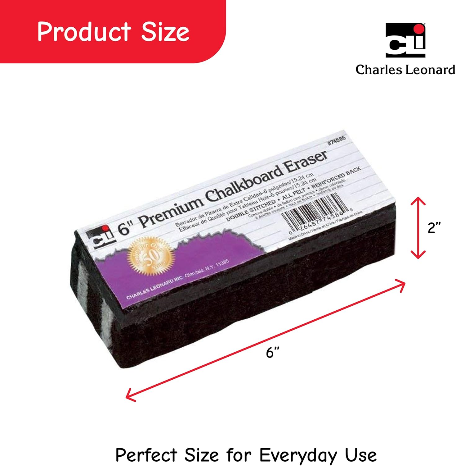 Charles Leonard Premium Felt Chalkboard Eraser, 6 x 2 x 1.25 Inches, Black/White, 12-Pack (74586)