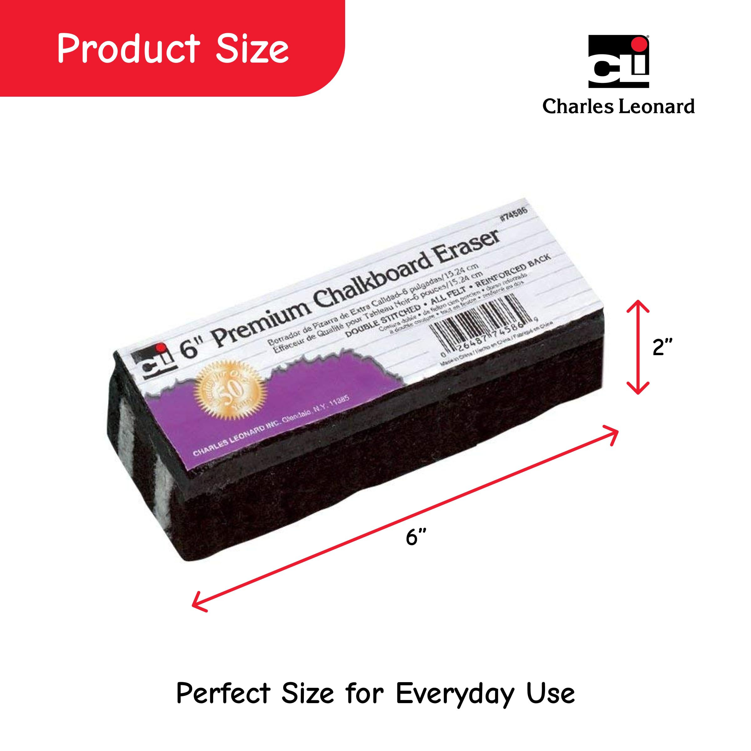 Charles Leonard Premium Filz Tafel Radiergummi, 15,2 x 5,1 x 3,2 cm, schwarz/weiß, 12 Stück (74586)
