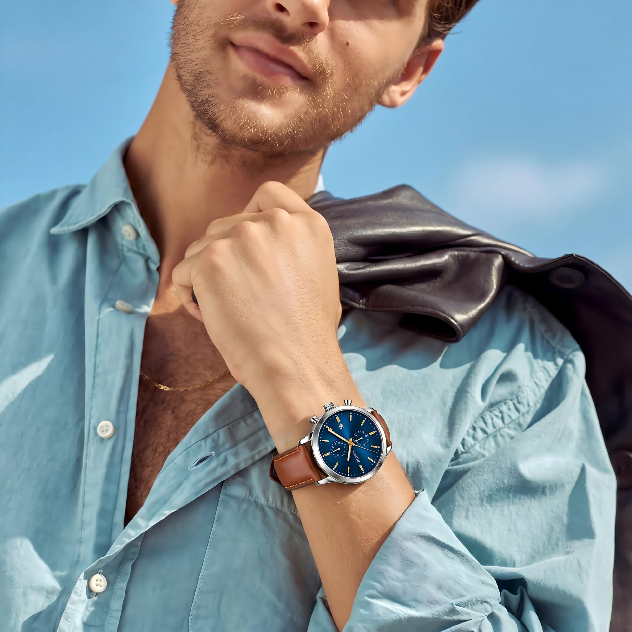 BUREI Herrenuhr Chronograph 44mm – Retro Armbanduhr Herren mit großem Zifferblatt & Lederarmband | Business, Casual, Sport | wasserdicht | Geschenk für Männer