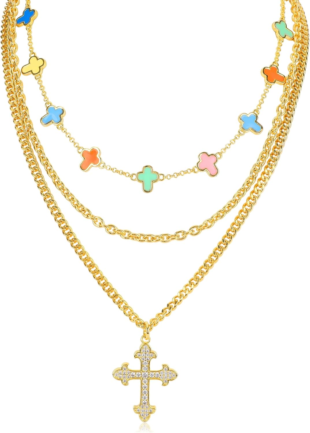 Multilayered Cute Gold Charm Necklace for Women 14K Gold Plated Colorful Enamel Flower Smiley Face Love Heart Cross Clover Pendant Choker Necklaces with Cubic Zirconia Adjustable Trendy Jewelry Gift