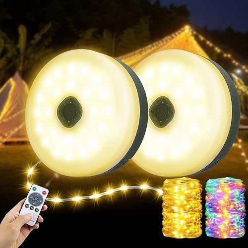 Miniatura 10 de Cadena de luces de campamento de 33 pies, 100 LED, 4 en 1, recargable, 100 LED, para exteriores, con 14 modos de iluminación, control remoto, 1