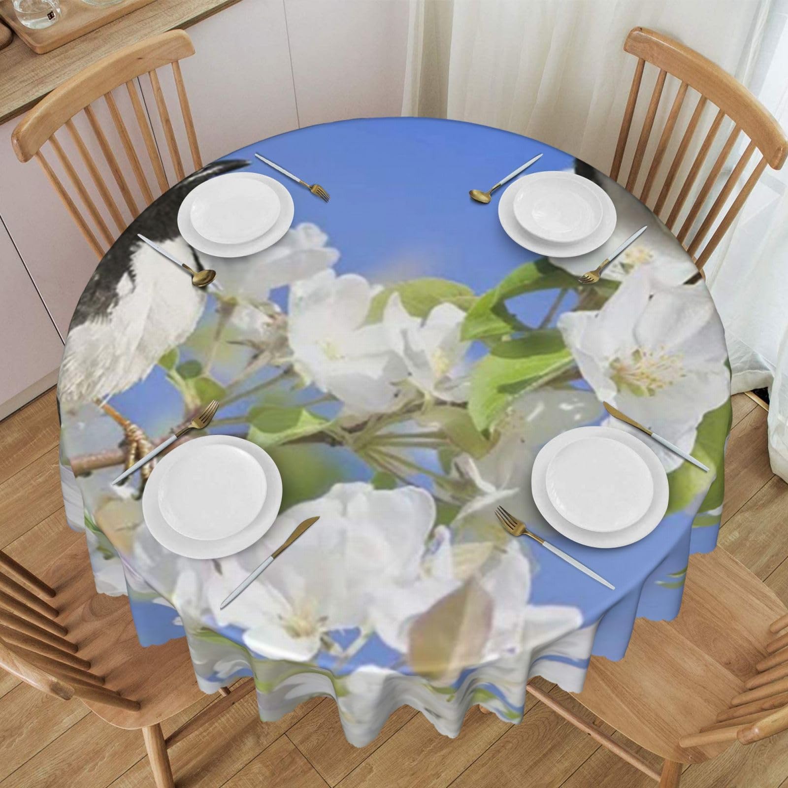 DCEHGEW 60 In Round Tablecloth with Lace, Spring Birds Perchin Printed Oilproof & Washable Fabric Picnic Table Cloth Table Covers