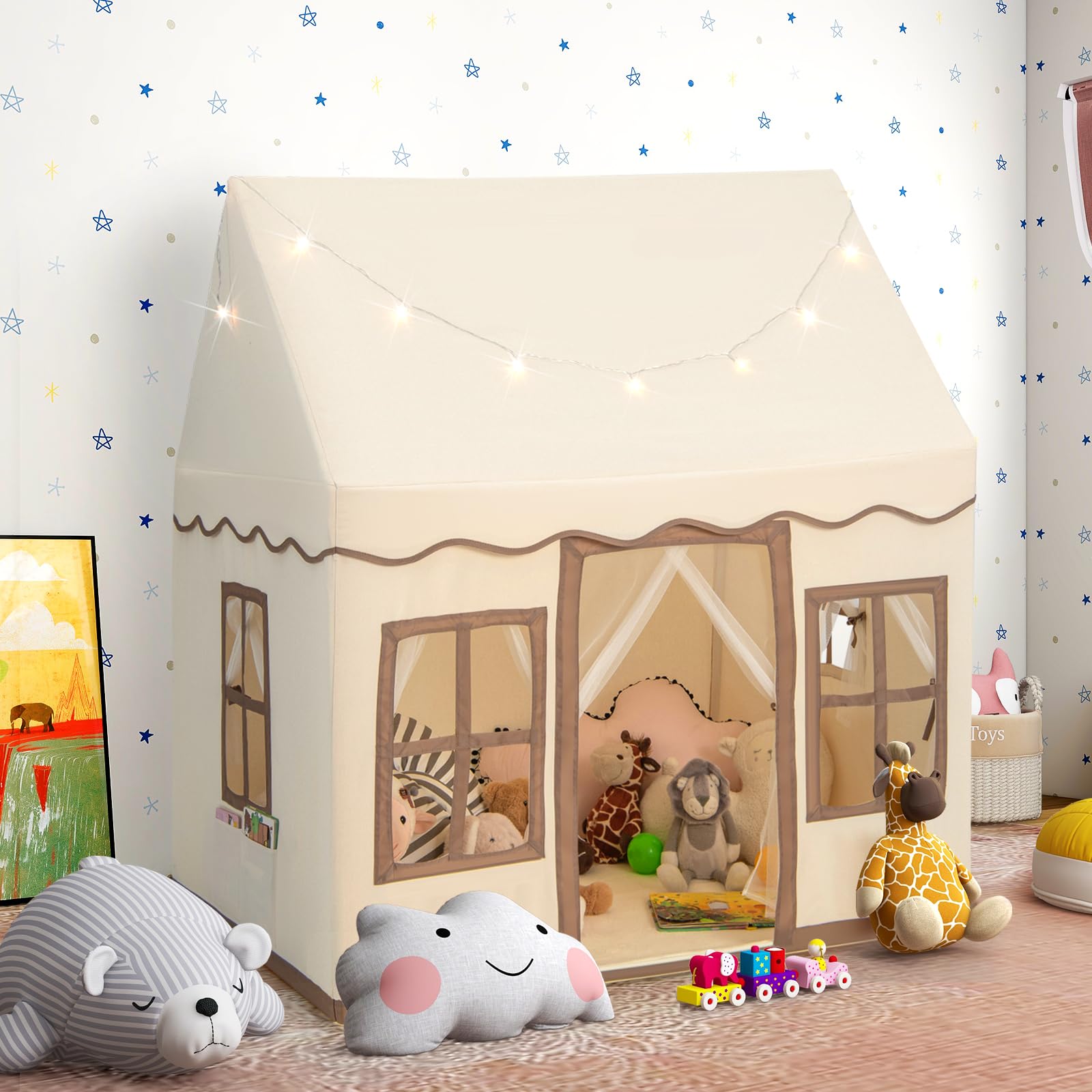 Tente De Jeu Pour Enfant DREAMADE Avec Guirlande LED étoilée, Tapis Antidérapant, 2 Fenêtres, Pour Intérieur Et Extérieur – Kaki, Dès 3 Ans