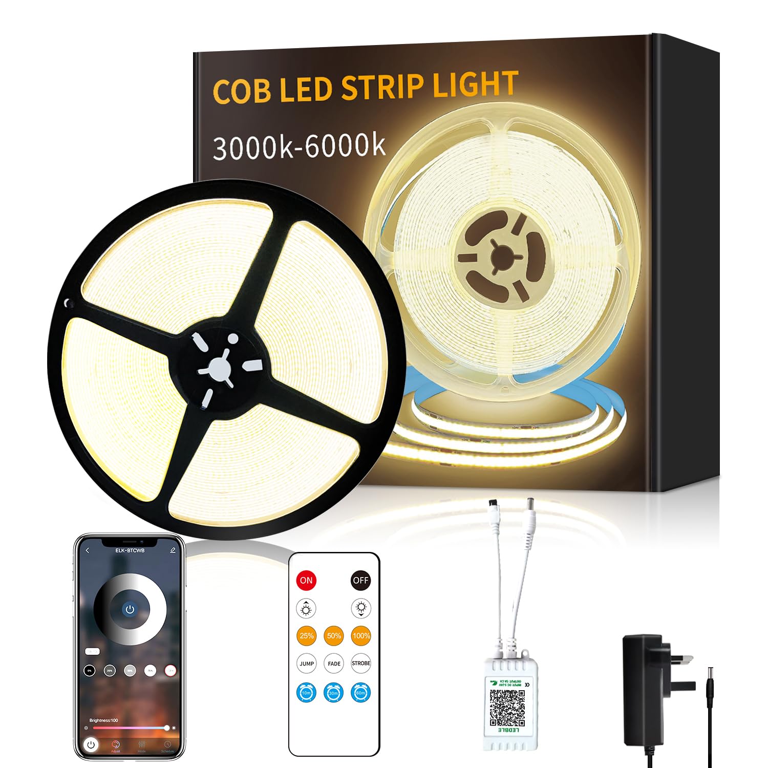 Yeewhale COB LED Strip Lights 3000K 15M DC 24V Dimmable Warm White LED Strip Kit, with Remote and app Control and UKCA Power Supply LED Tape Lights,for DIY Home Decoration โ image 1