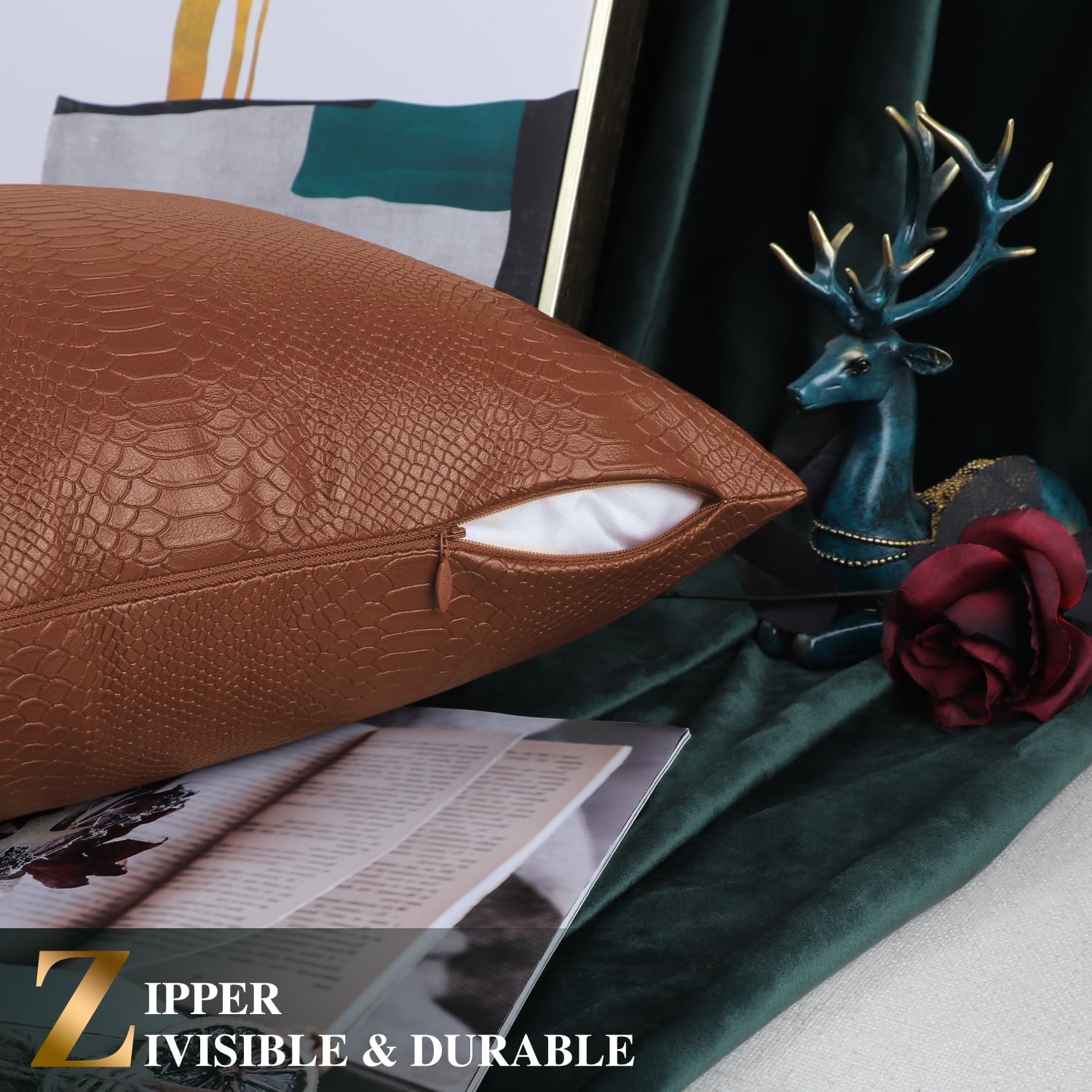BRAWARM Faux Leather Pillow Covers 22 X 22 Inches, Light Brown Leather Pillow Covers Pack of 2, Crocodile Leather Decorative Throw Pillows for Living Room Couch Bed Sofa Home