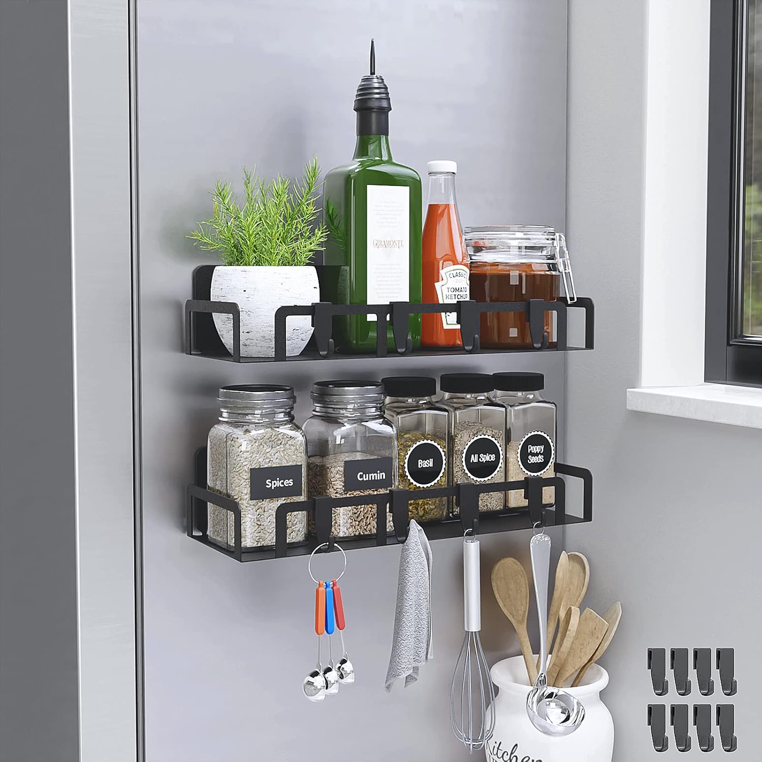 Magnetic Spice Rack for Refrigerator, 2 Pack Moveable Magnetic Fridge Shelf with 8 Hooks and Strong Magnet, Black