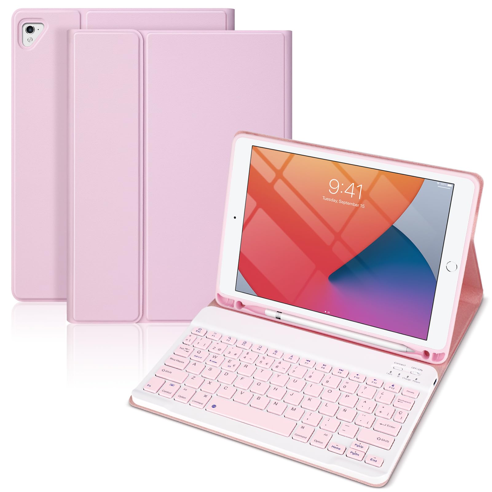 Funda Teclado para iPad 6ª/5ª Generación 2018/2017 9.7" y iPad Air 2/1 2014/2013, Teclado Inalámbrico Bluetooth con Diseño Magnético (Español Ñ) QWERTY (Rosa)