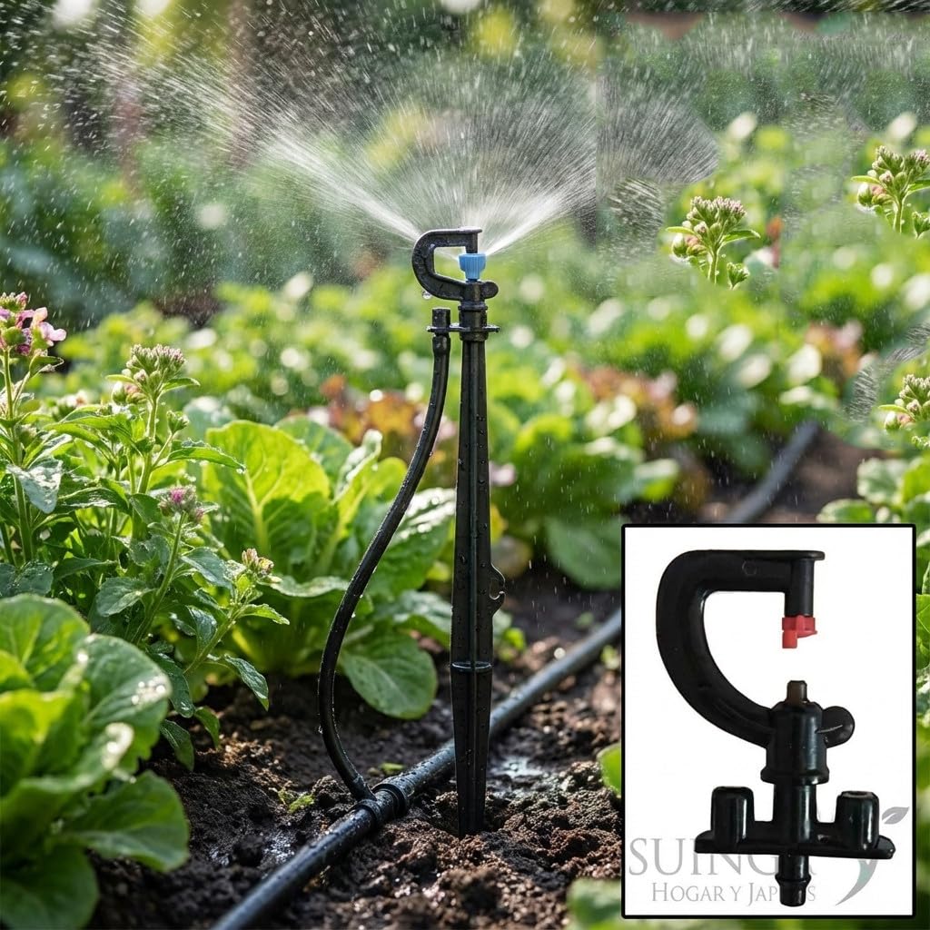 Suinga. Lot 50 arroseur 180º montés avec microtube et Prise avec Piquet 40 cm pour arrosage agricole et Jardinage. Microasperseur 180º avec débit 73 à 125 l/h et portée 1,7 mètres
