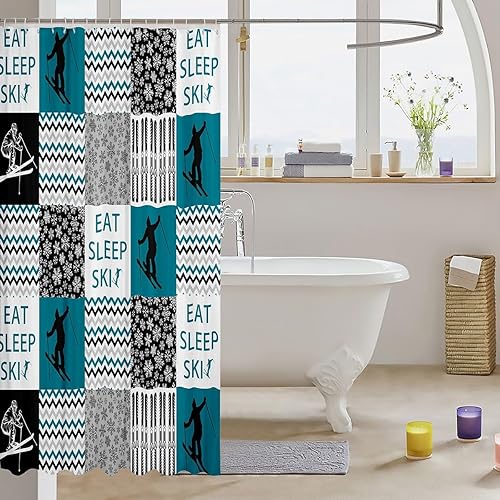 Miniatura 9 de Cortina de ducha para deportes de esquí, azul marino, blanco, bosquejo, esquí, nieve, montaña, cortina de baño para niños, niñas, adultos,