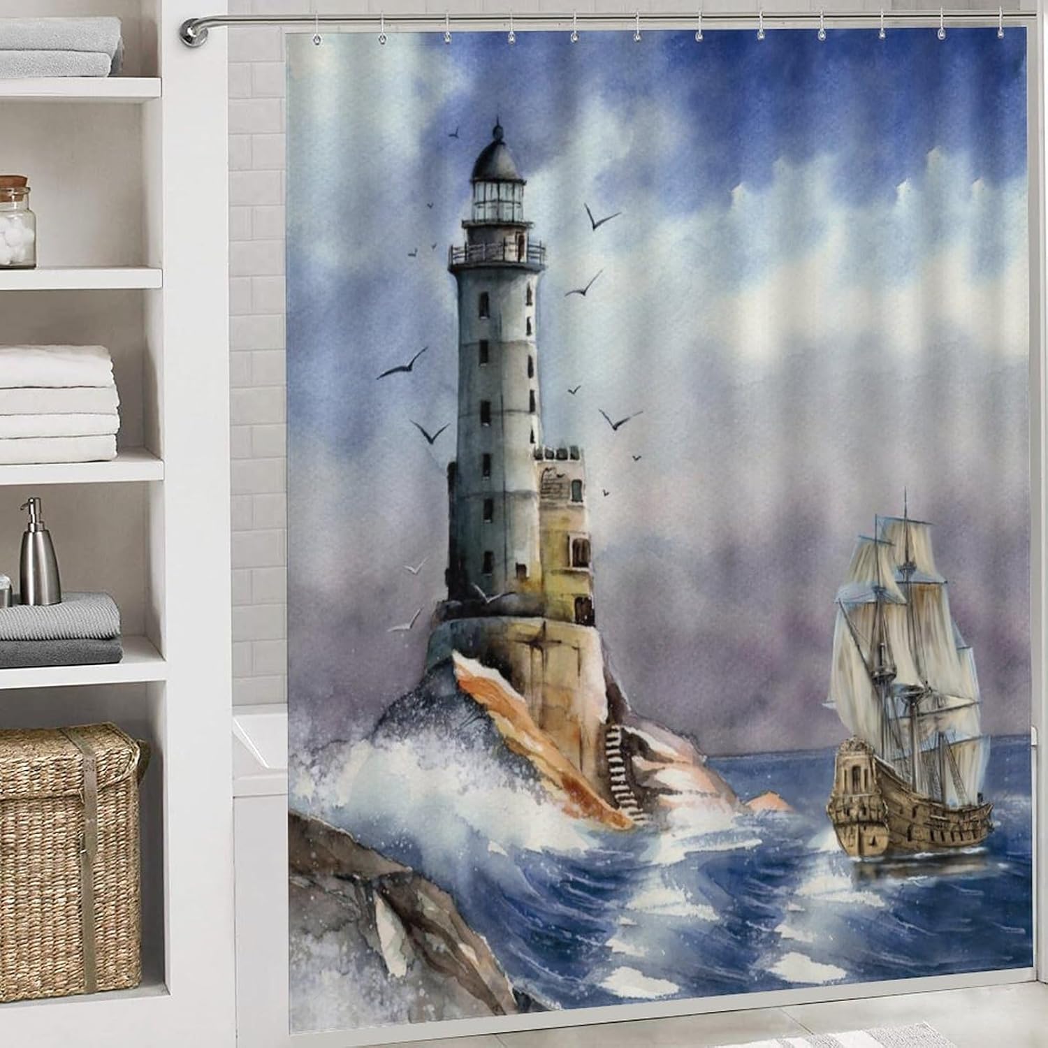 Watercolor Nautical Lighthouse 4 Pcs Waterproof Shower Curtain Set,Vintage Pirate Ship Sea Wave Seagull Lighthouse with Waterproof Toilet Cover Shower Mat Rugs