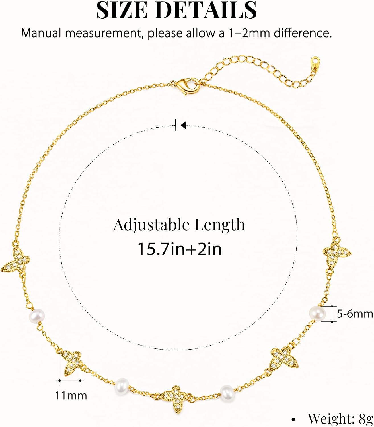 IDOKAWA Butterfly Pearl Necklace for Women, Gold Pearl Choker Necklace with CZ Butterfly Charms, 18K Gold Plated Freshwater Pearl Collar Necklace, Elegant Layering Jewelry Gift for Her
