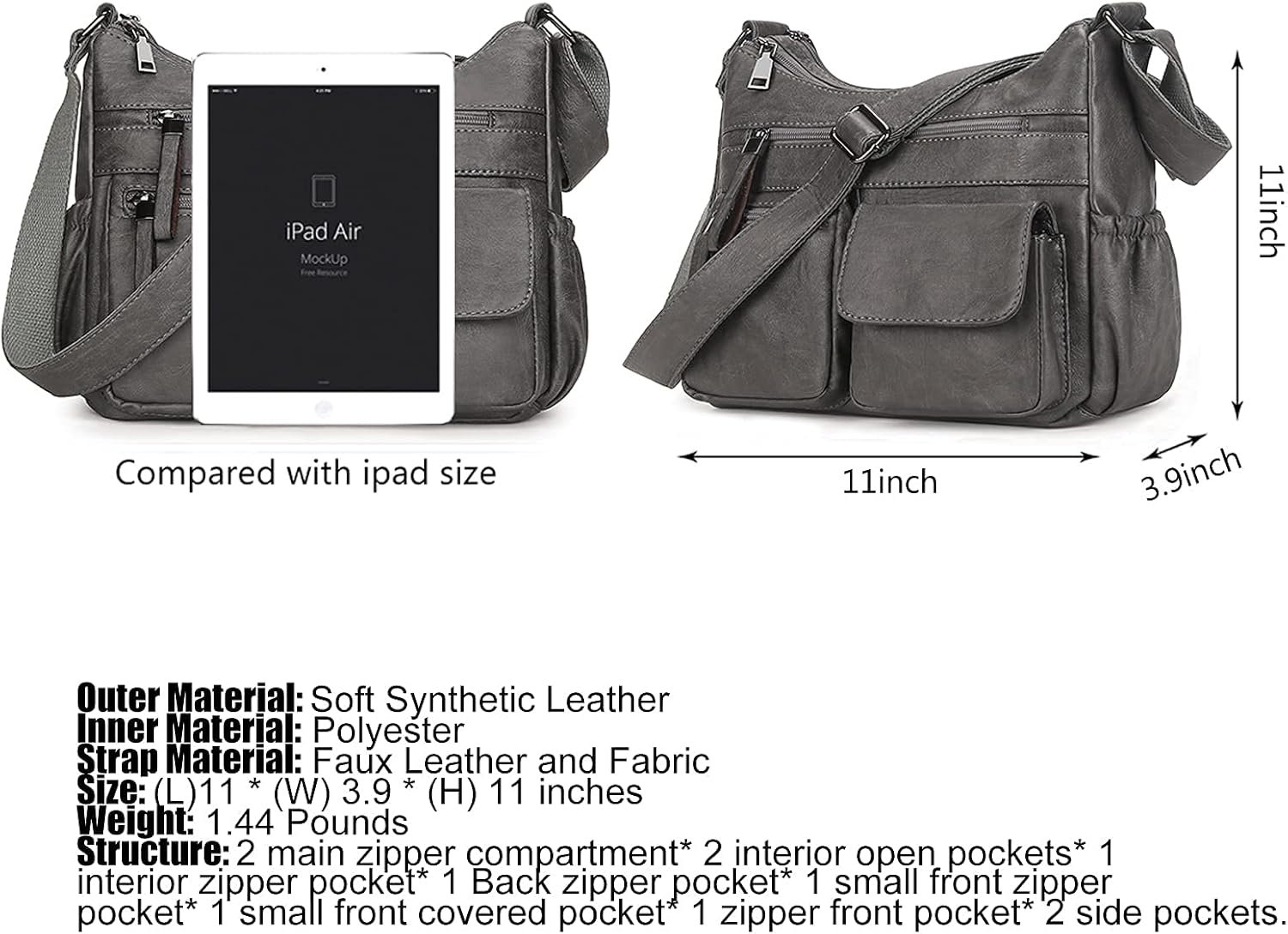 Artwell Fashion Hobo Crossbody Bag For Women Shoulder Bag PU Leather Handbags Purses Multi Pocket Zipper Messenger Tote Bag
