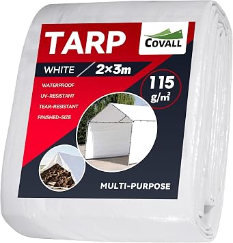 2m x 3m White Tarpaulin Waterproof Heavy Duty Tarp, Ground Sheet, Waterproof Covers for Outdoor, UV-resistant, Tear-resistant, Windproof, Multipurpose, Reinforced Eyelets