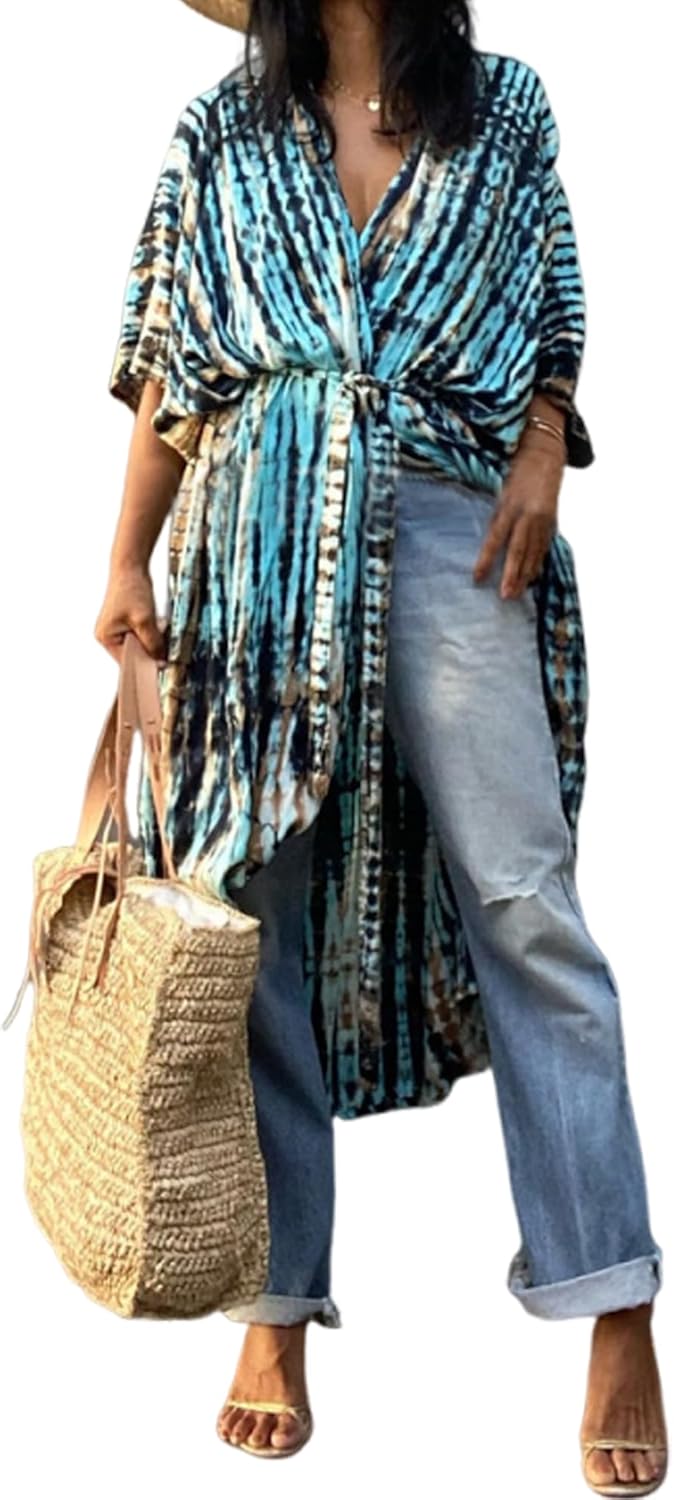 Moss Rose Women Summer Kimono Cardigan Kaftan Cover up Bathing Suit Maxi Beach Vacation Clothes with Belt