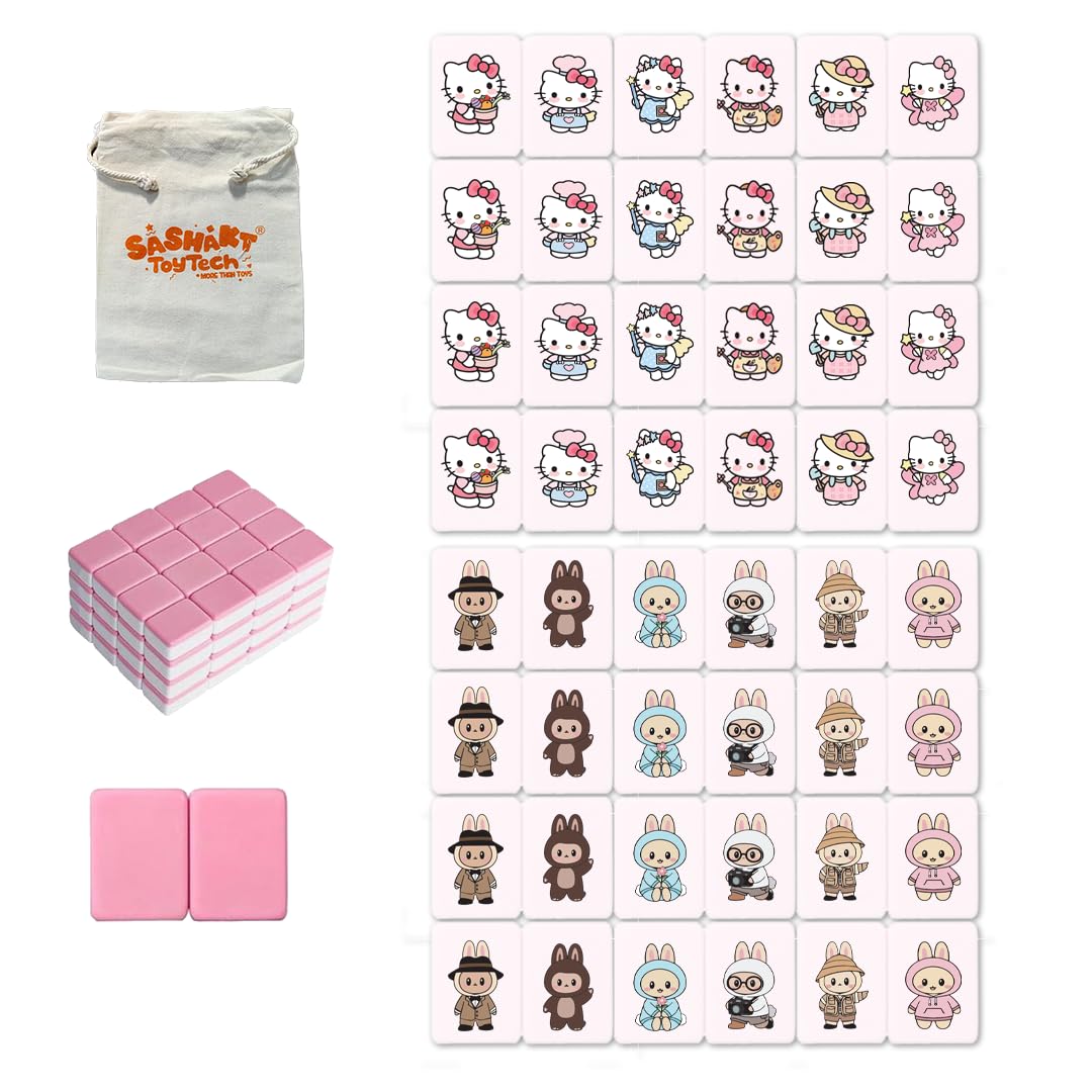 Toytech 2 Player Mahjong Block Game Set with 66 Tiles | Portable Mahjong Tile Game with Hello Kitty & Dolls | Compact Tabletop Puzzle Game with Carry Bag for Travel Home Family Play | Pink Tiles 30mm-image-11