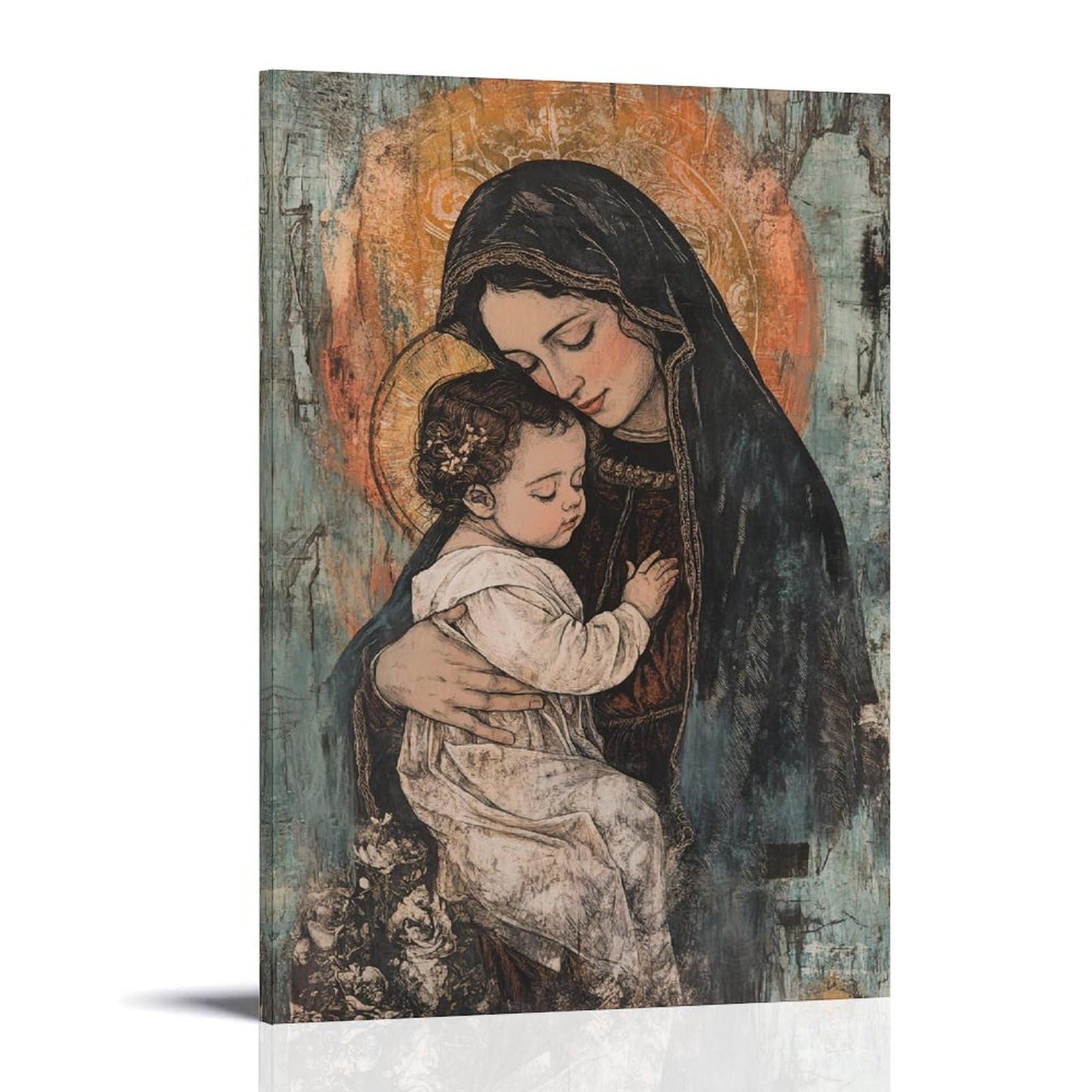 JHKJTK Minimalist Canvas Wall Art Picture Print-Vintage Mary And Baby Jesus Poster, Tender Embrace Depiction Modern Family Room Decor Frame-style 12x18inch(30x45cm)