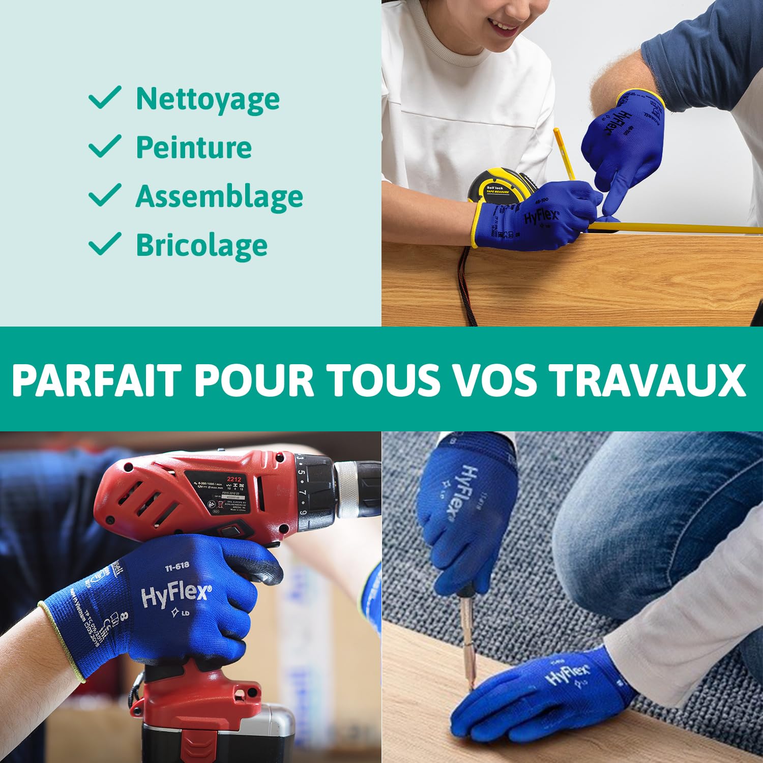 Ansell HyFlex 11-618, Gants de travail L pour manipulations de précision, Revêtement PU, Compatibles écran tactile, Bleus, 12 paires