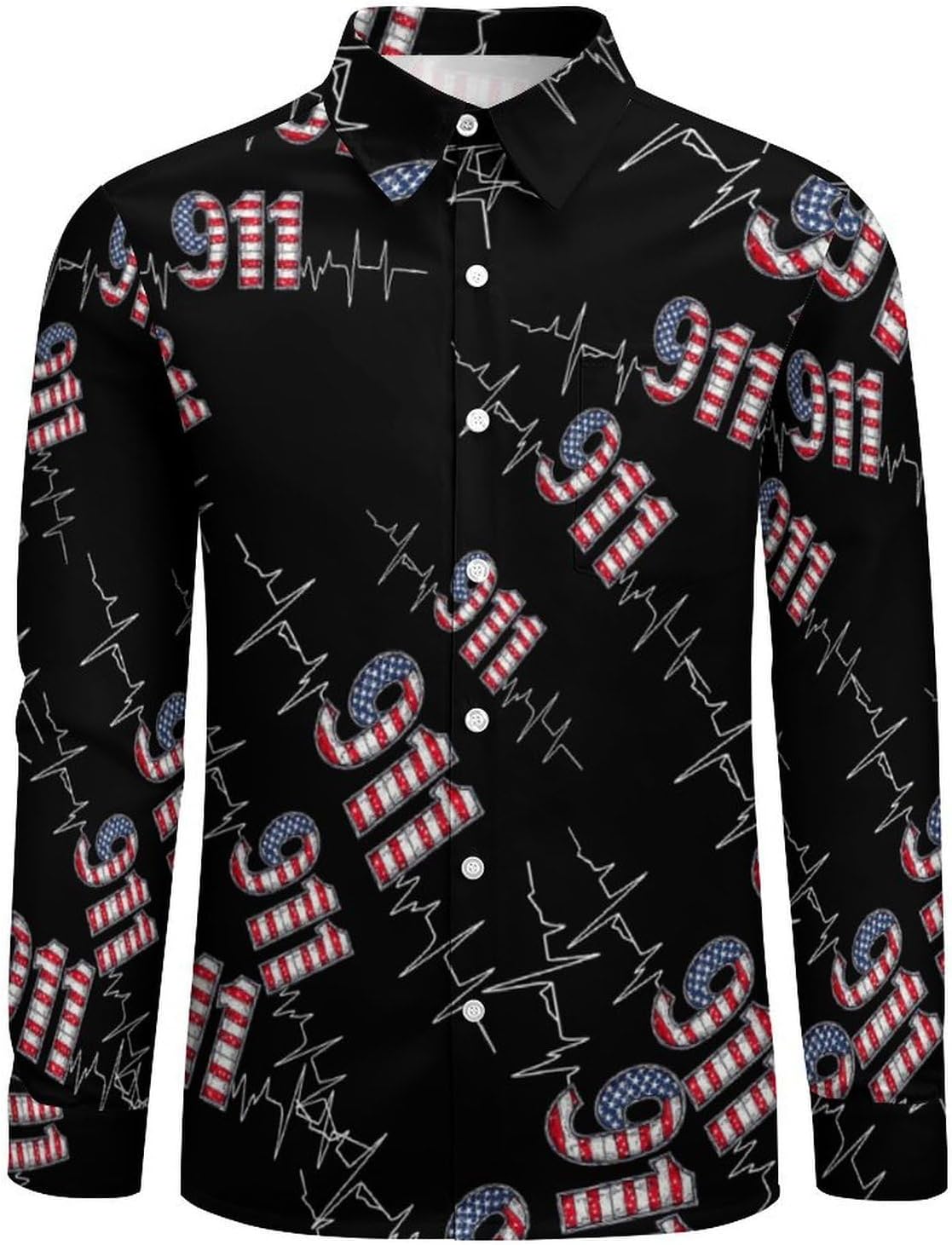 911 Vintage USA Flag Heartbeat EKG Long Sleeve Shirts Casual Dress Shirt Button-down T-shirts for Men