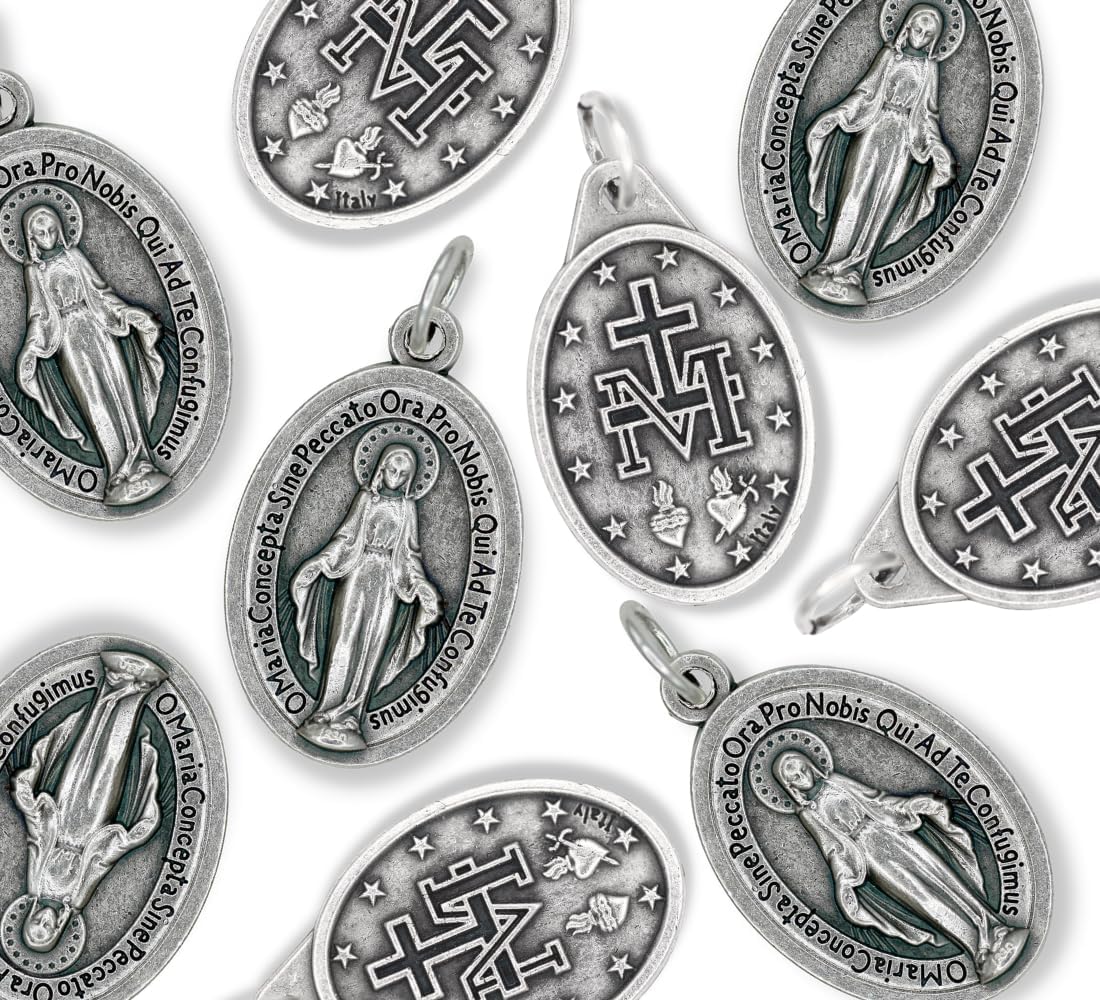 Caritas et Fides Pack of 25 - Bulk Latin Miraculous Medals - 1" Silver Oxidized Immaculate Mary Medal, Catholic Pendant for Necklace or Rosary - Made in Italy - Image 2