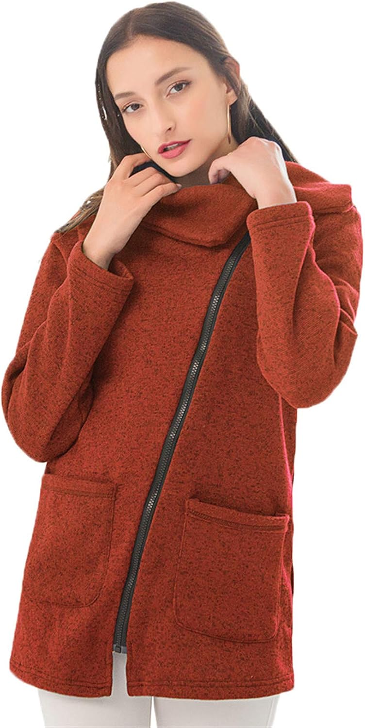 Andongnywell Women's Solid Color Diagonal zipper Pullover Jacket Turtle Cowl Neck Asymmetric Hem Plush coat