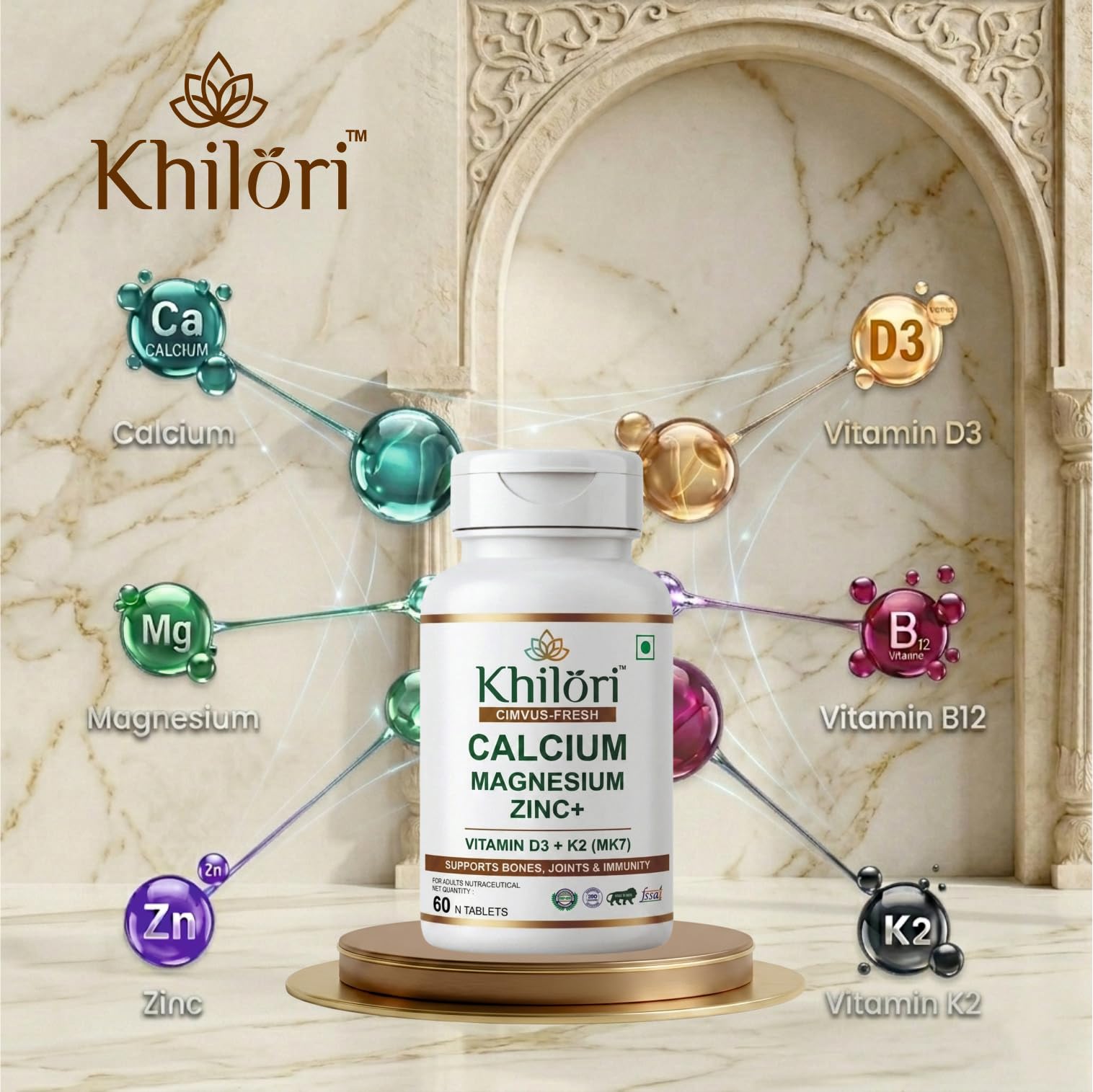 Khilöri Calcium Supplement for Men and Women with Magnesium, Zinc, Vitamin D3, K2 MK7 & B12 Tablets | Plant Based Calcium Citrate Malate for Strong Bones, Joint Mobility & Muscle Recovery — Amazon image 5