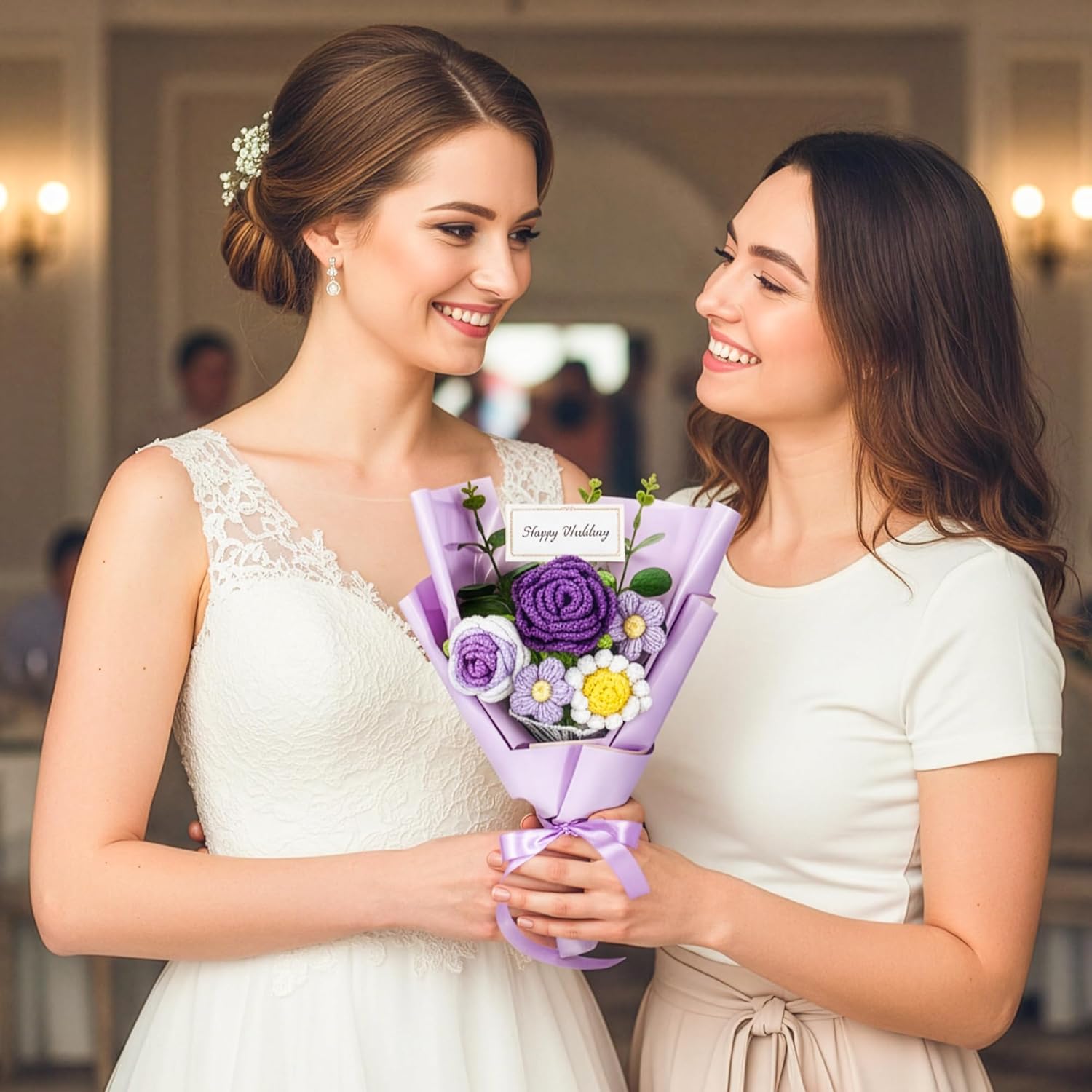 Omldggr Crochet Flowers Bouquet, Knitted Rose Daisy Bouquet with Exquisite Purple Wrap Eternal Blessing for Mom Gift, Christmas Valentine's Day Birthday Wedding for Her - Image 7