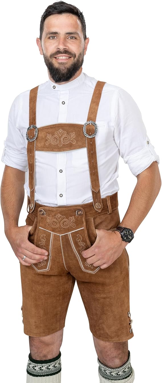 Herren Lederhose Tracht - Braune Kurze Lederhose Mit Hosenträger Für Oktoberfest