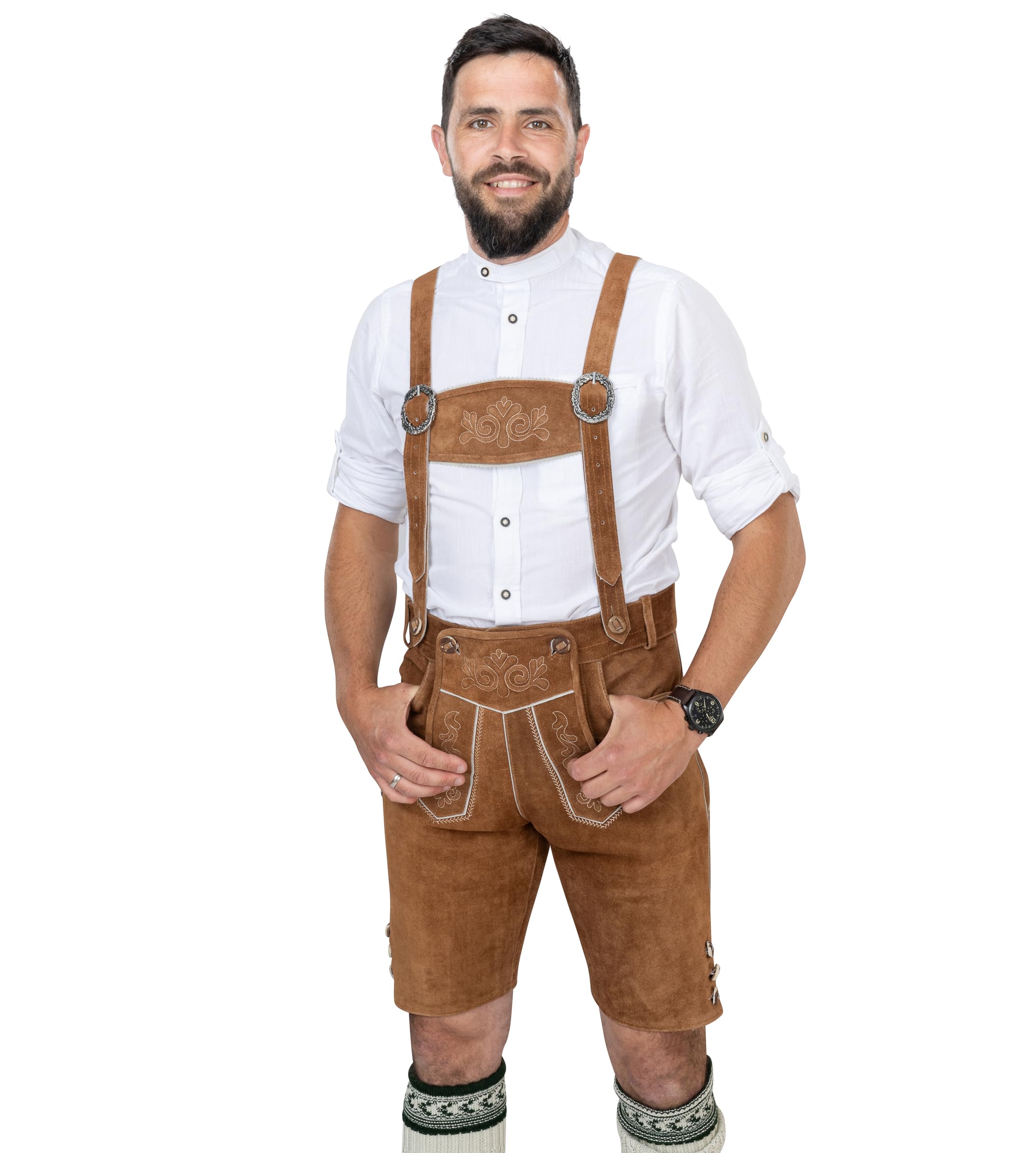 Schöneberger Trachten Couture Herren Lederhose mit Hosenträger – Original Trachtenhose braun, Trachtenlederhose kurz für Oktoberfest Hans