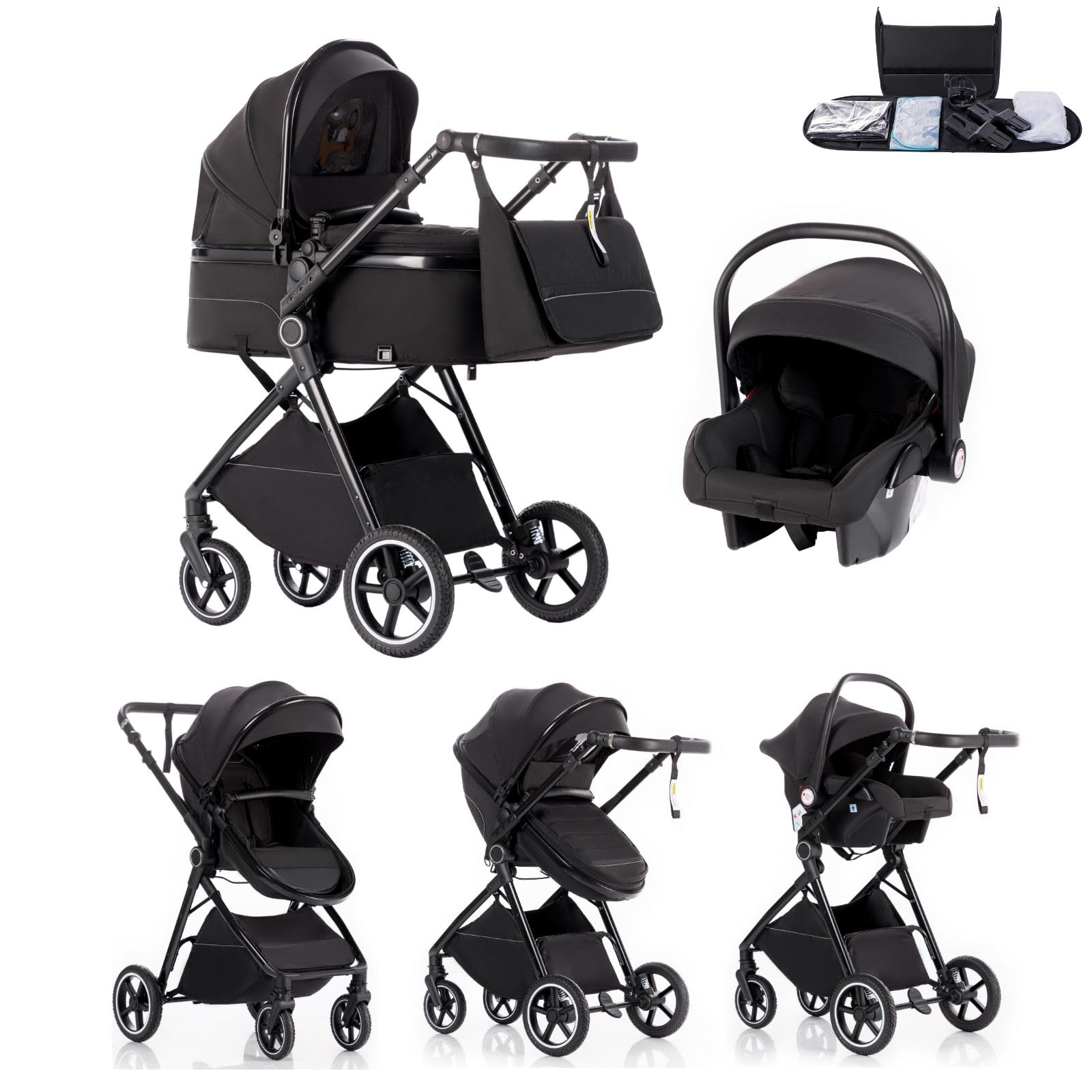 Trio Poussette 3 en 1 avec Siège Auto, Landau Bébé Pliable, 7 Positions Poignée, Suspension 4 Roues, Housse Pluie, Moustiquaire, Système de Voyage pour Nouveau-Nés 0-3 Ans (15kg),Noir