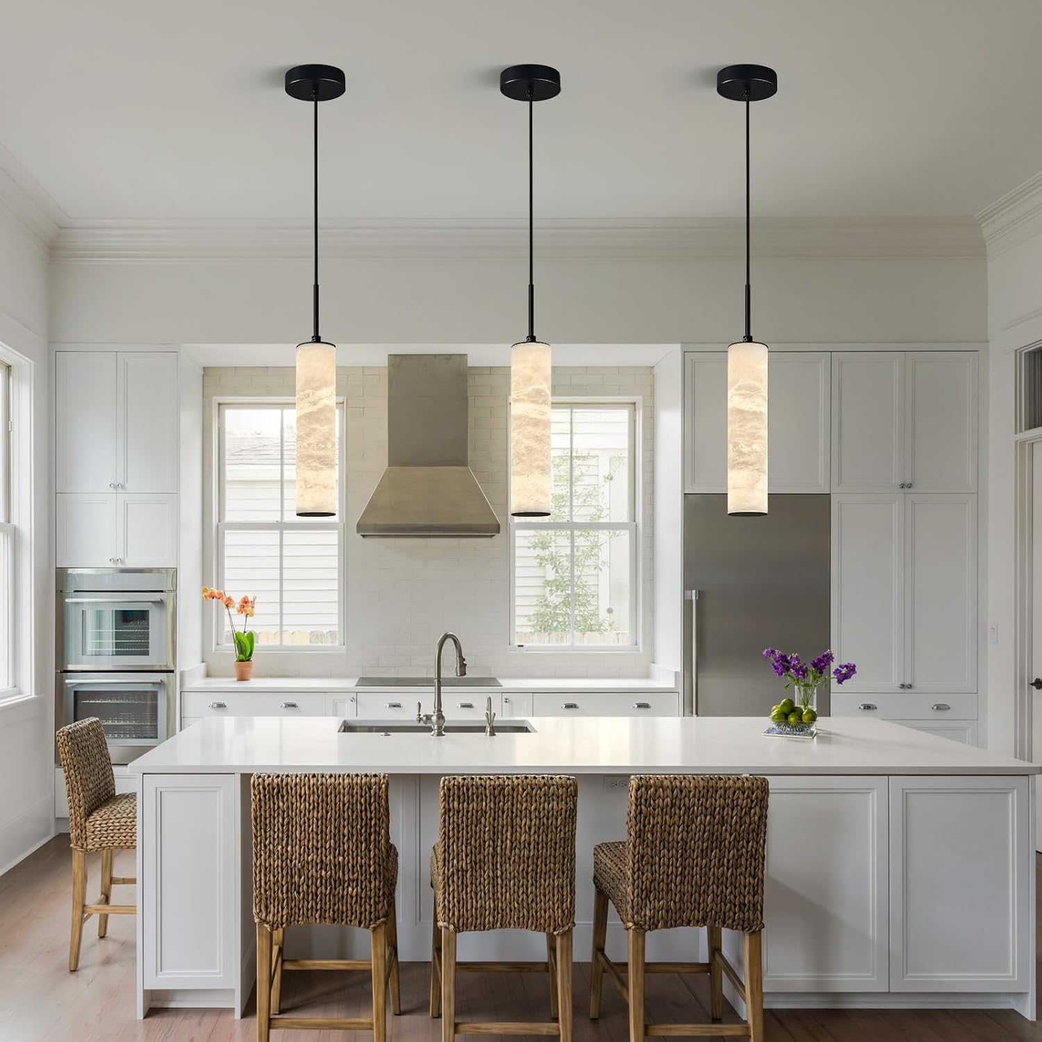 LMQNINE Natural Alabaster Pendant Lights for Kitchen Island White Marble Long Tube Chandelier 4000K Black Modern Ceiling Light Fixtures for Living Room Bedroom Dining Room Table Hallway(S-2Pack)