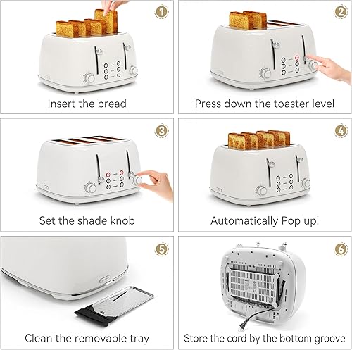 Miniatura 5 de Tostadora de 4 rebanadas, acero inoxidable retro con 6 ajustes de sombra de pan, tostadora de ranuras de 1.5 pulgadas de ancho con funciones