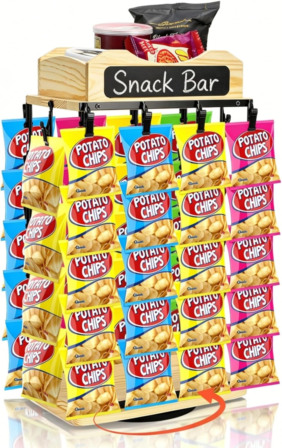Chip Rack Display Stand, 360° Rotating Base Chip Bag Holder with Message Board, 2 Tier 48 Clips Counter Snack Organizer Candy Display for Party, Retail, Concession Stand, Store